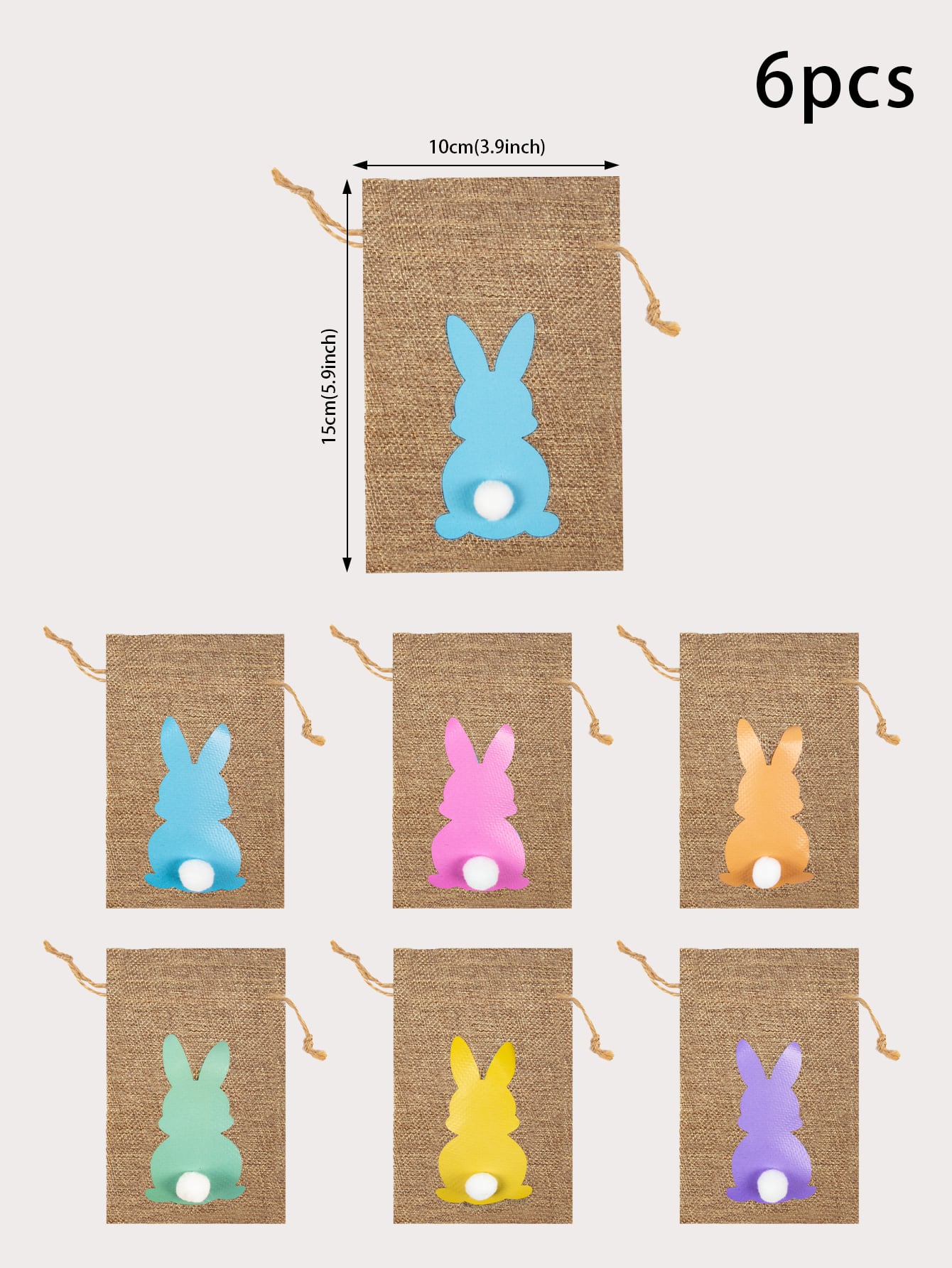 6pcs Easter Rabbit Pom Pom Decor Drawstring Design Gift Bag Cartoon Candy Bag For Party Holiday