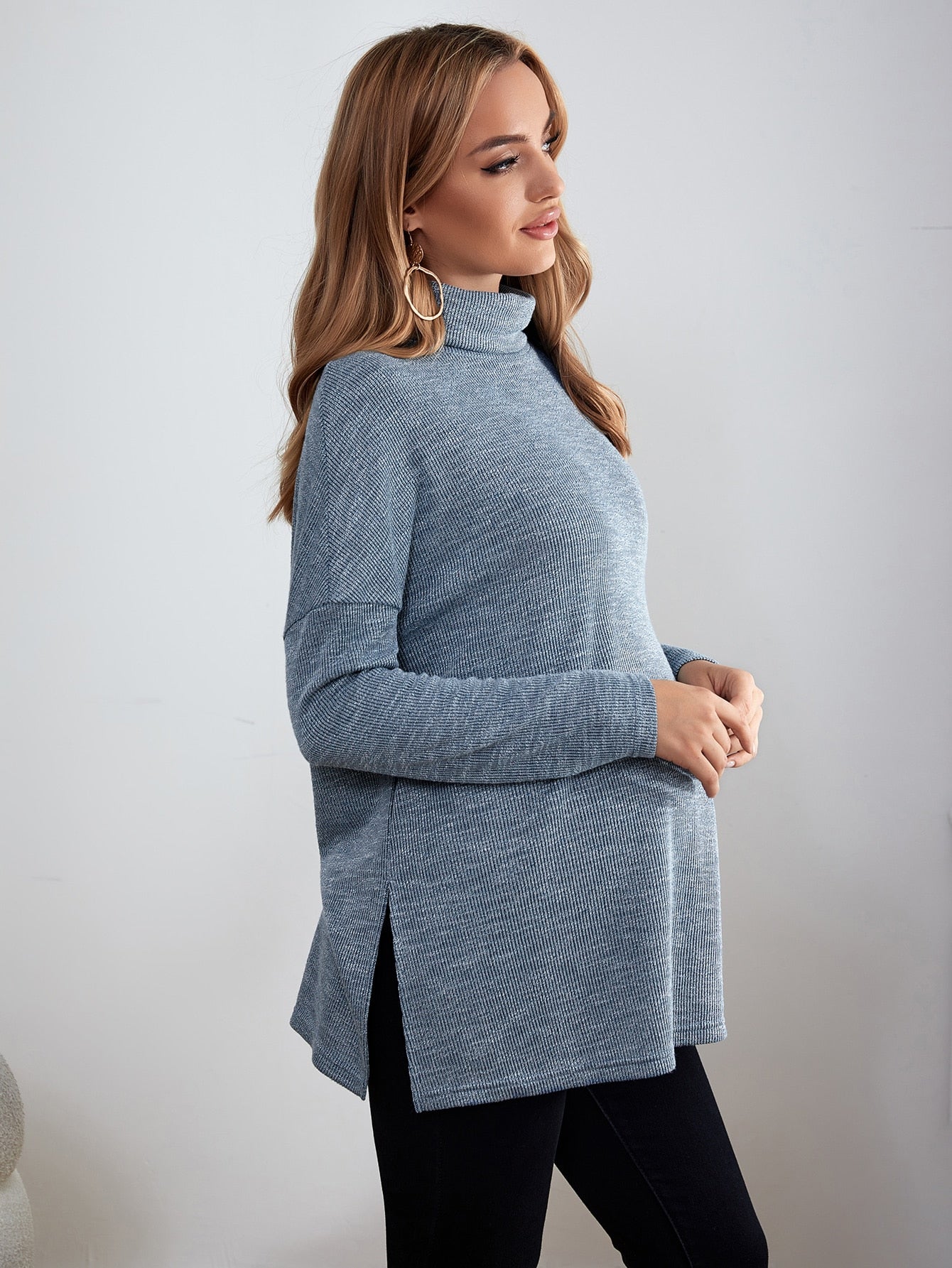 Maternity Turtle Neck Drop Shoulder Slit Hem Tee