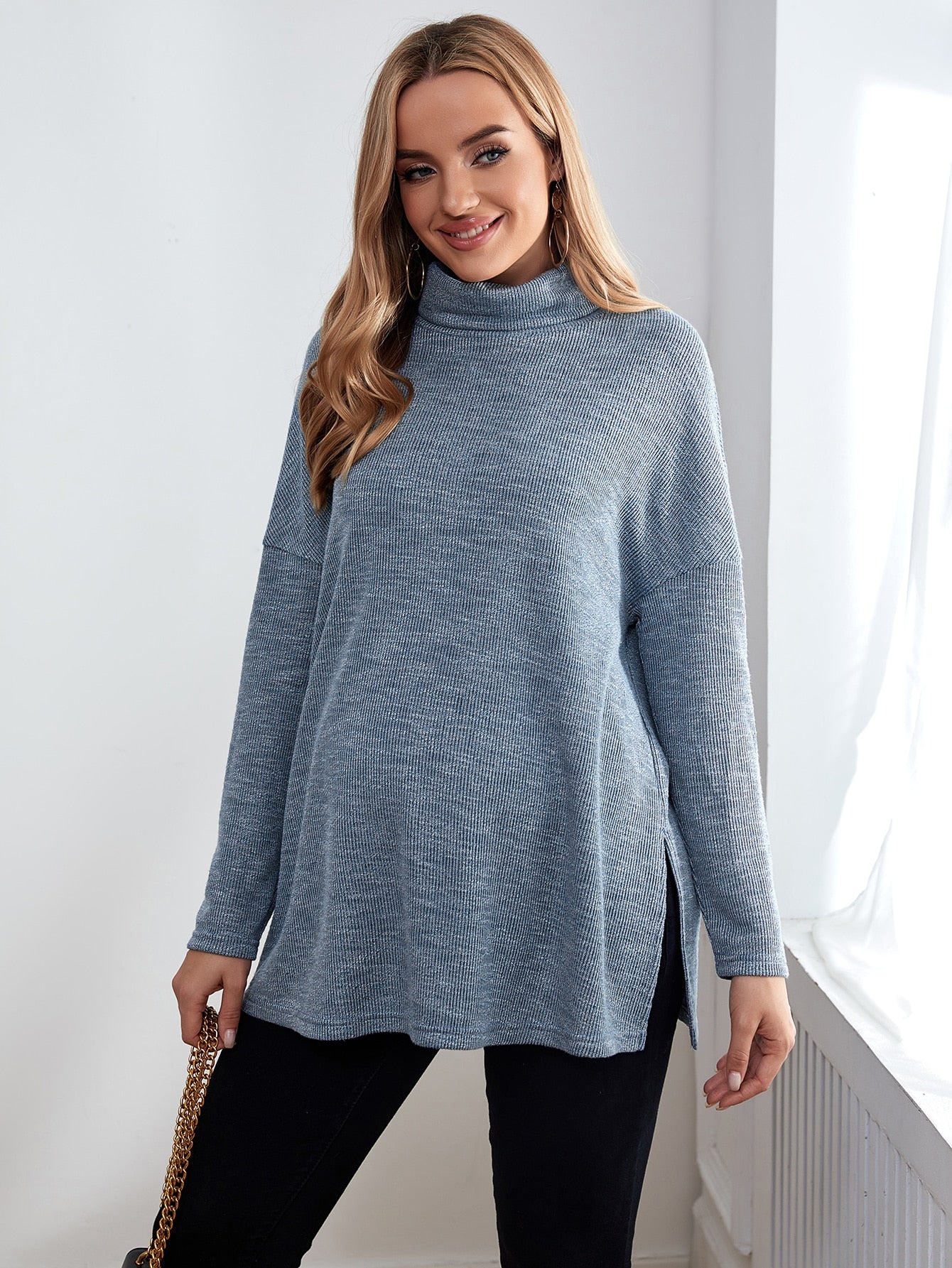 Maternity Turtle Neck Drop Shoulder Slit Hem Tee