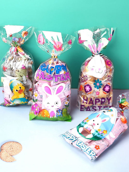 50pcs Easter Rabbit Slogan Graphic Gift Bag Cartoon PVC Candy Chocolate Wrapping Bag For Holiday