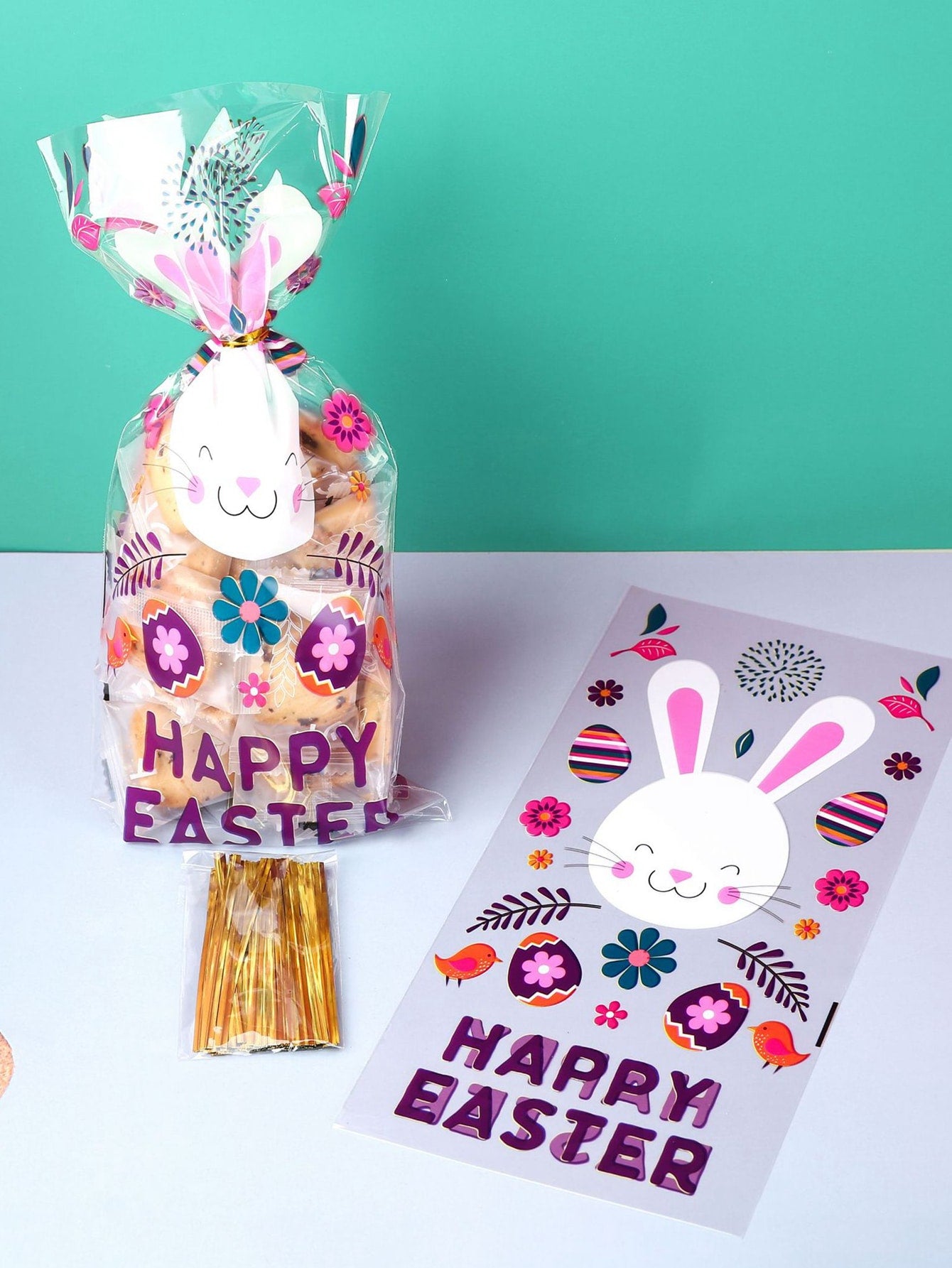 50pcs Easter Rabbit Slogan Graphic Gift Bag Cartoon PVC Candy Chocolate Wrapping Bag For Holiday