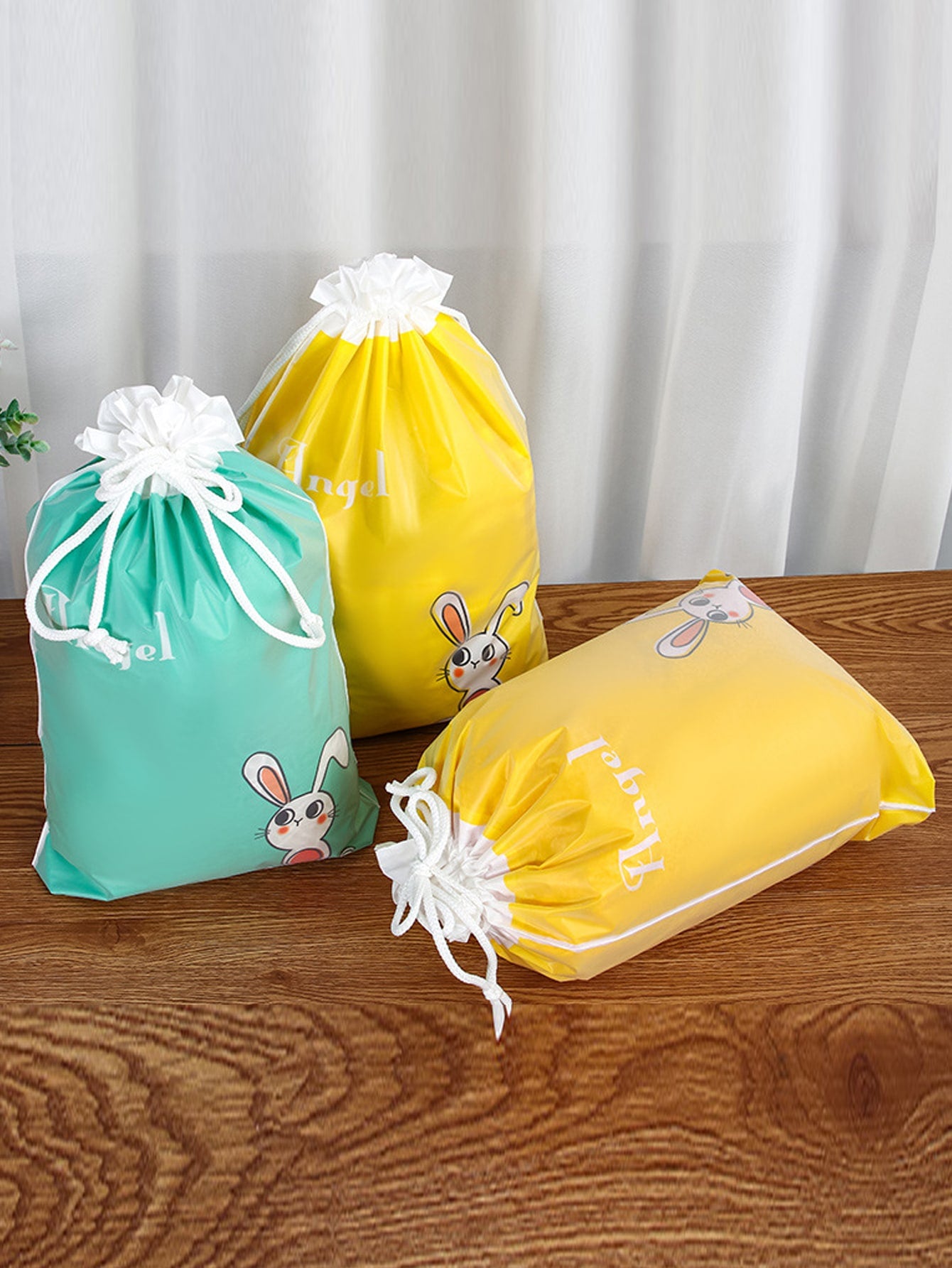 4pcs Cartoon Rabbit Print Drawstring Gift Bag Cute Plastic Bag For Party Gift Storage Double Layer Storage Bag For Holiday Party