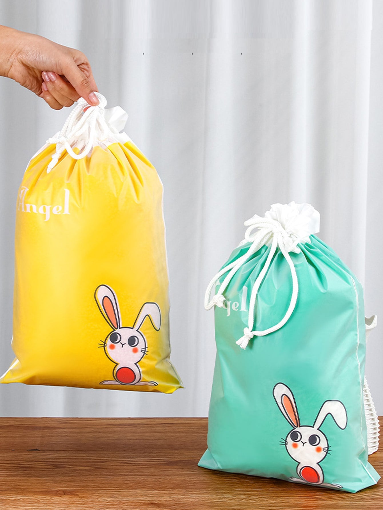 4pcs Cartoon Rabbit Print Drawstring Gift Bag Cute Plastic Bag For Party Gift Storage Double Layer Storage Bag For Holiday Party