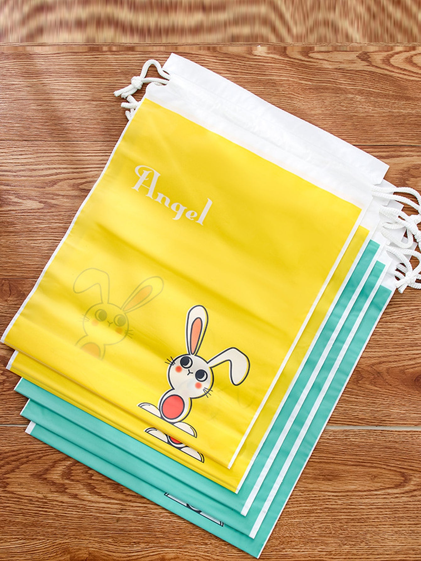 4pcs Cartoon Rabbit Print Drawstring Gift Bag Cute Plastic Bag For Party Gift Storage Double Layer Storage Bag For Holiday Party
