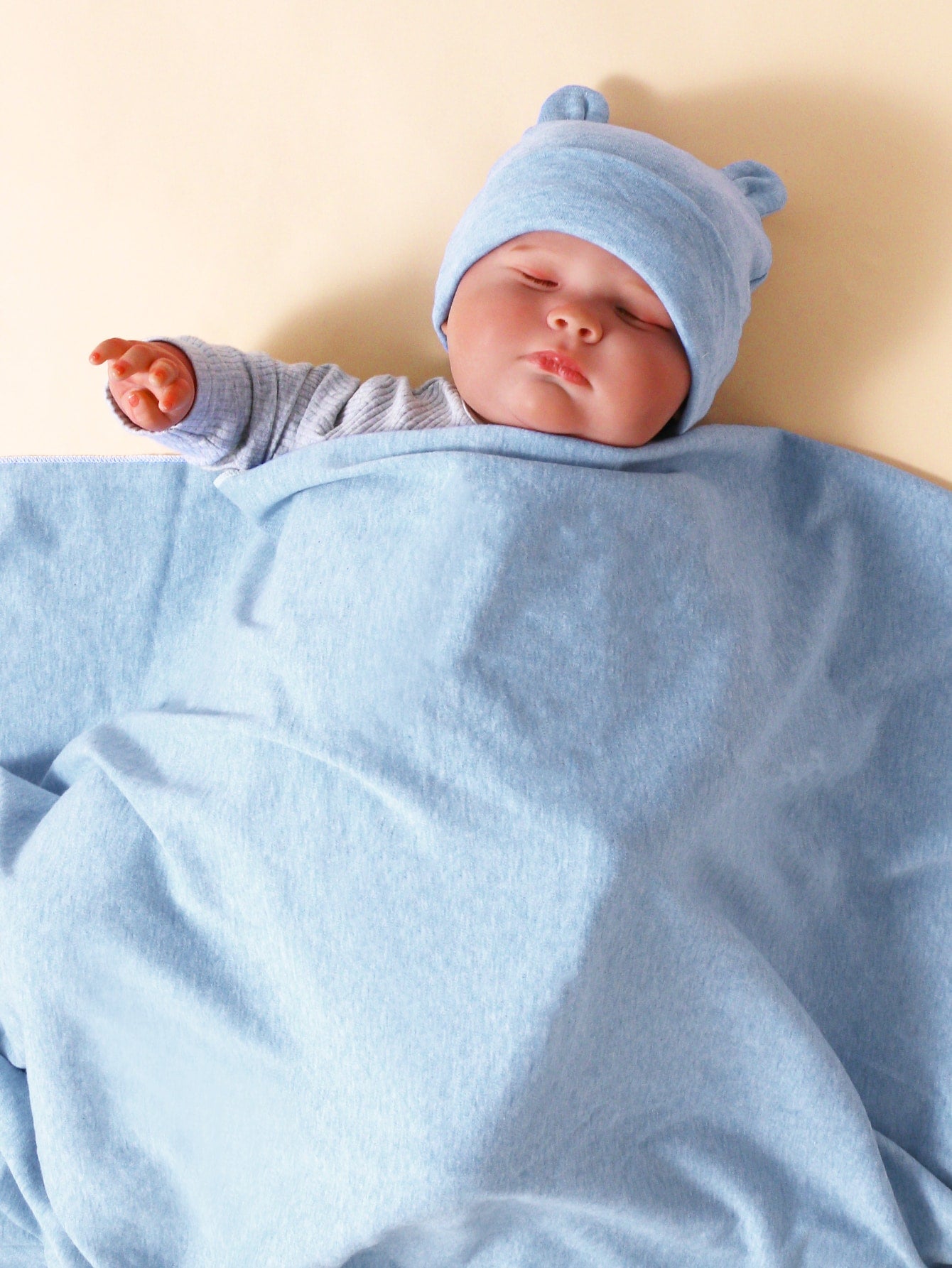1pc Baby Solid Swaddling Blanket 1pc Cartoon Ear Decor Hat