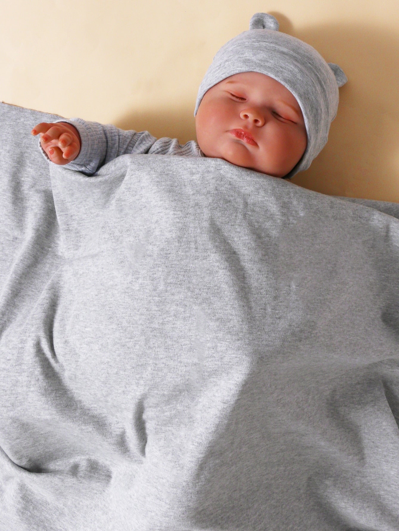 1pc Baby Solid Swaddling Blanket 1pc Cartoon Ear Decor Hat