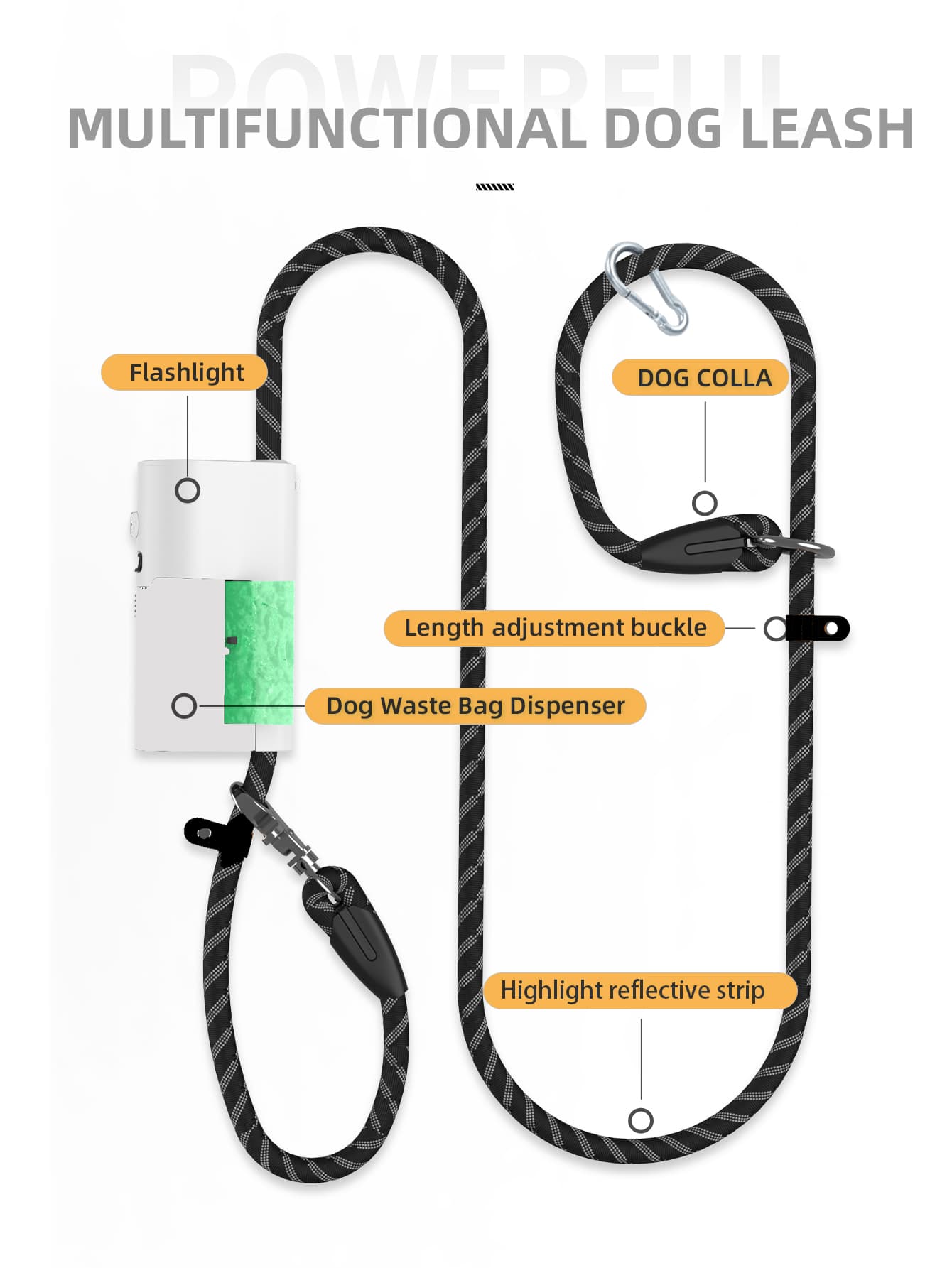 dog leash with flashlight and dog waste bag dispenser