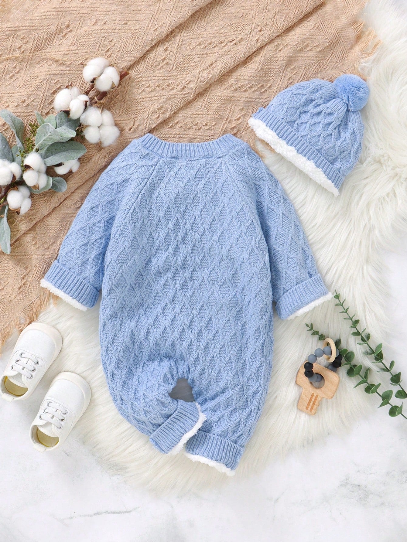 Baby Girl Button Through Thermal Knit Jumpsuit With Hat