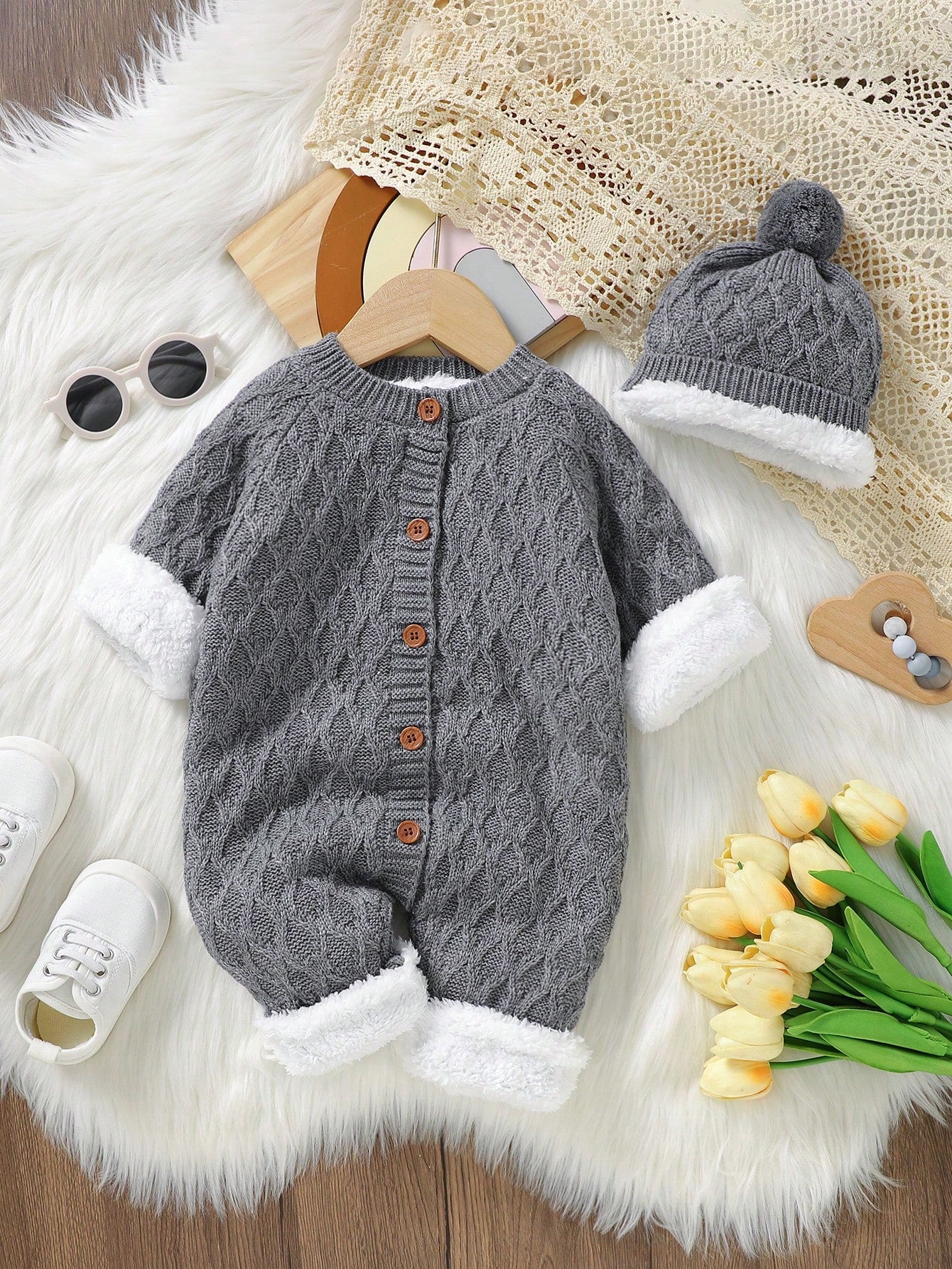 Baby Girl Button Through Thermal Knit Jumpsuit With Hat