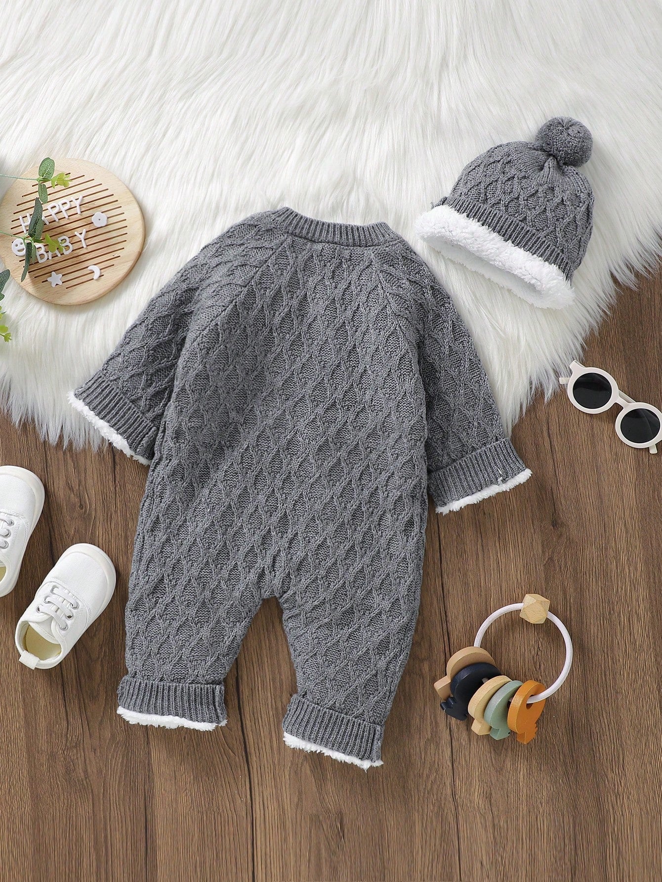 Baby Girl Button Through Thermal Knit Jumpsuit With Hat