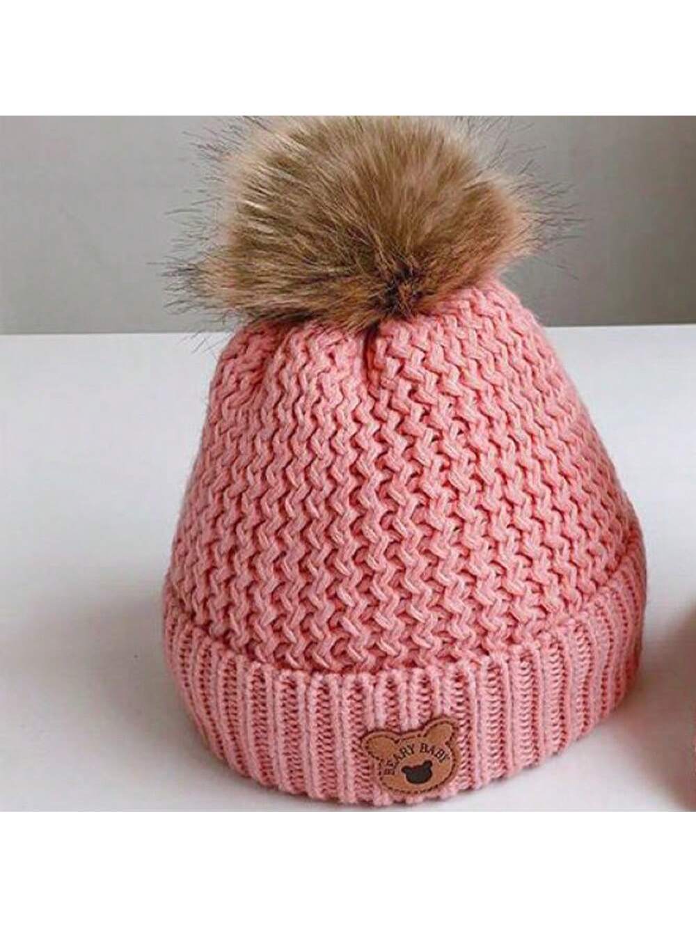 2pcs/set Beige Kids' Bear Design Winter Hat And Scarf Set With Plush Lining twins