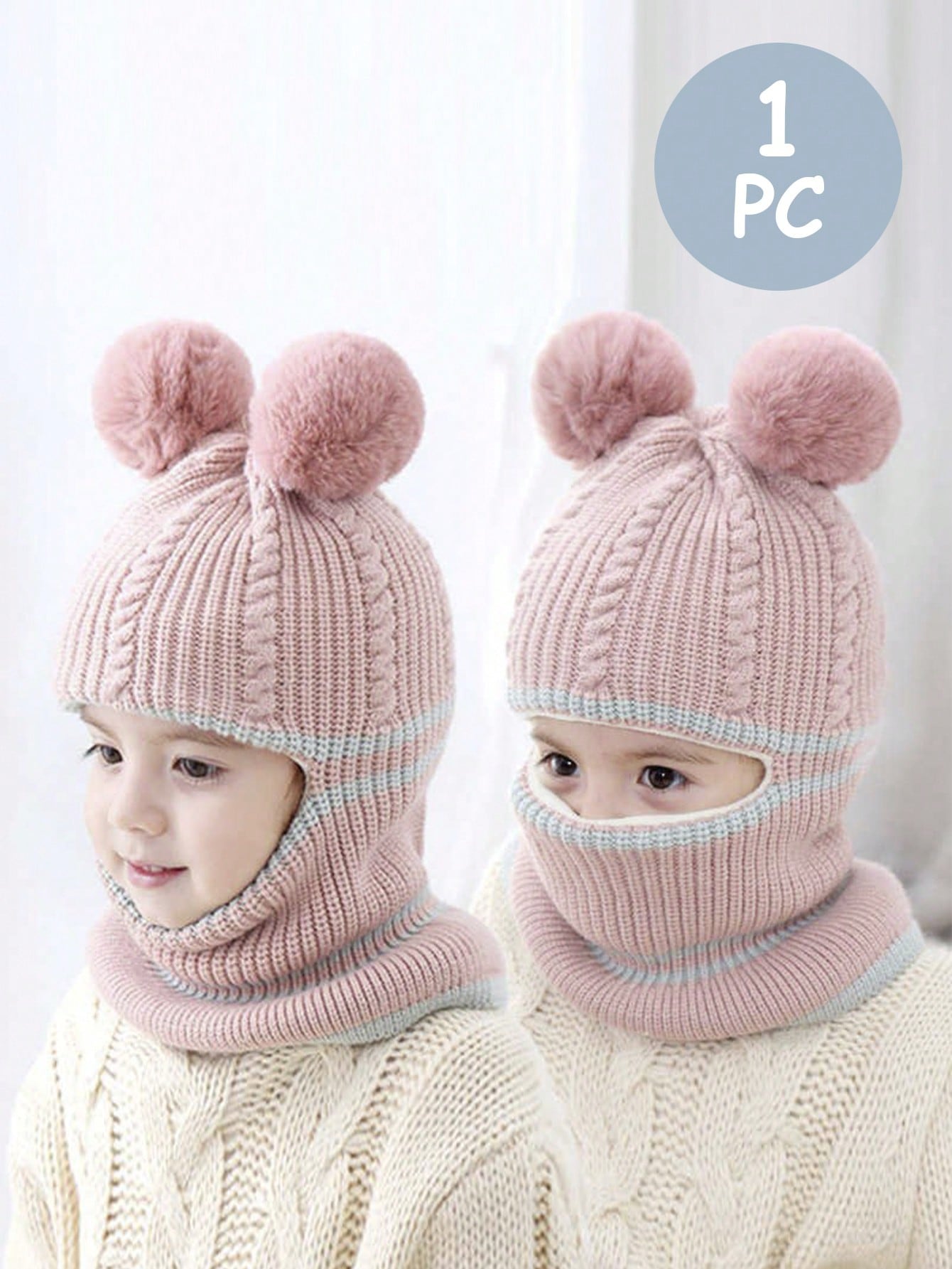 1pc Children's Winter Balaclava Hat With Dual Pom Poms, Windproof And Thermal