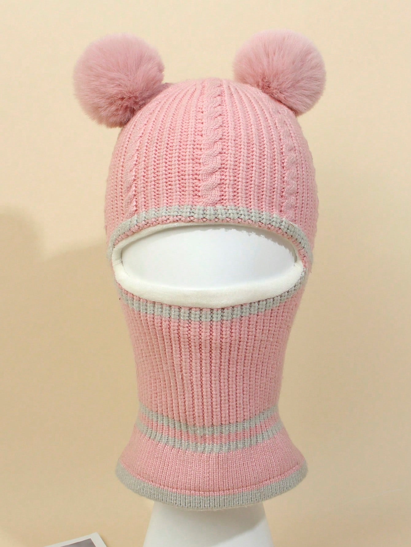 1pc Children's Winter Balaclava Hat With Dual Pom Poms, Windproof And Thermal