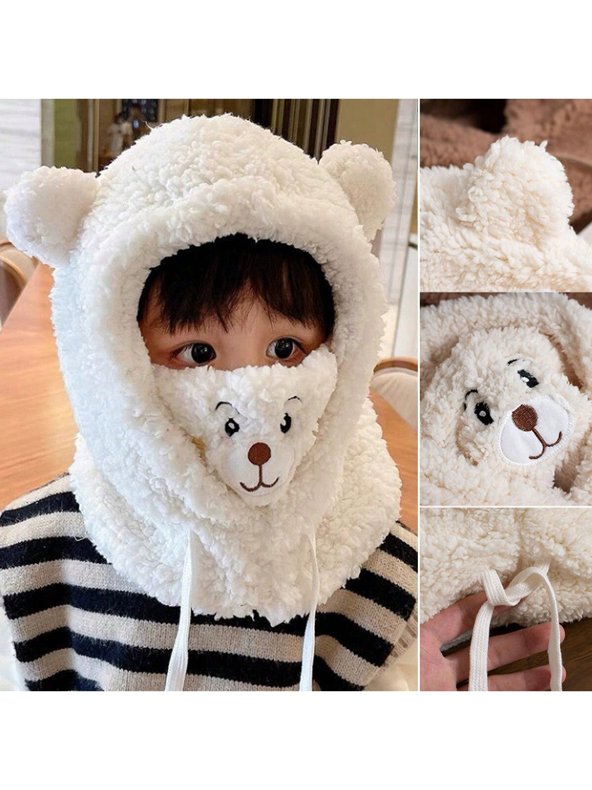 1pc Unisex Cartoon Bear Shaped Hat With Scarf And Mask Design, Thickened, Warm, Suitable For Daily Wear In Autumn And Winter twins