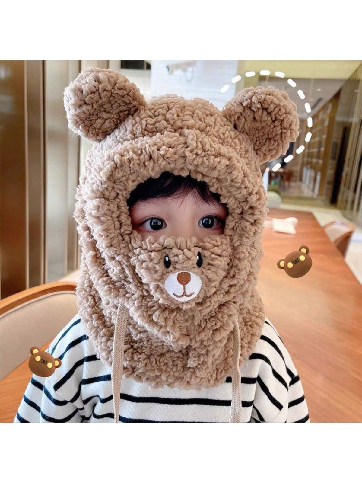 1pc Unisex Cartoon Bear Shaped Hat With Scarf And Mask Design, Thickened, Warm, Suitable For Daily Wear In Autumn And Winter twins