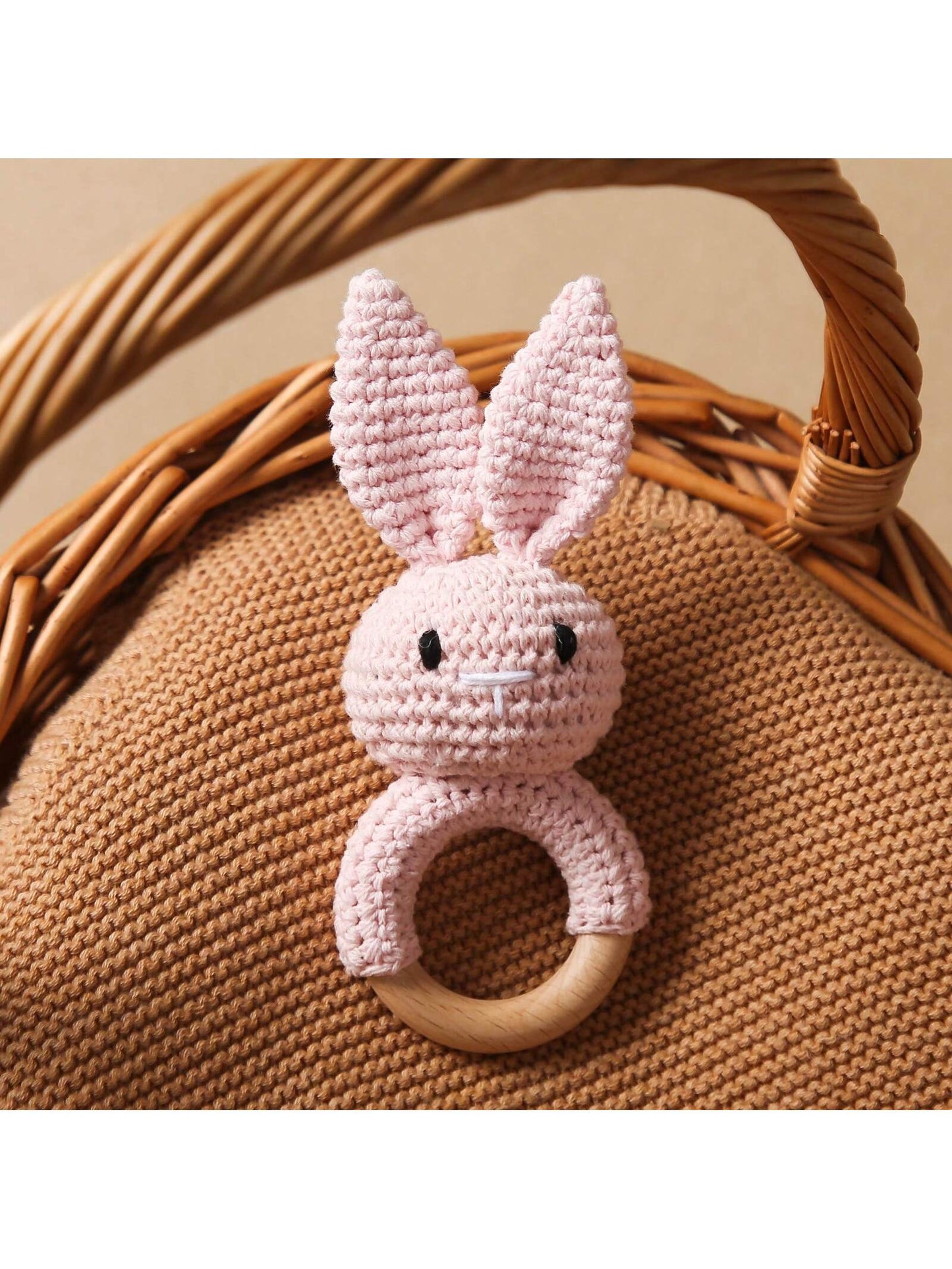 Baby Blue Crochet Pointy Ears Rabbit Beech Wood Ring Teether