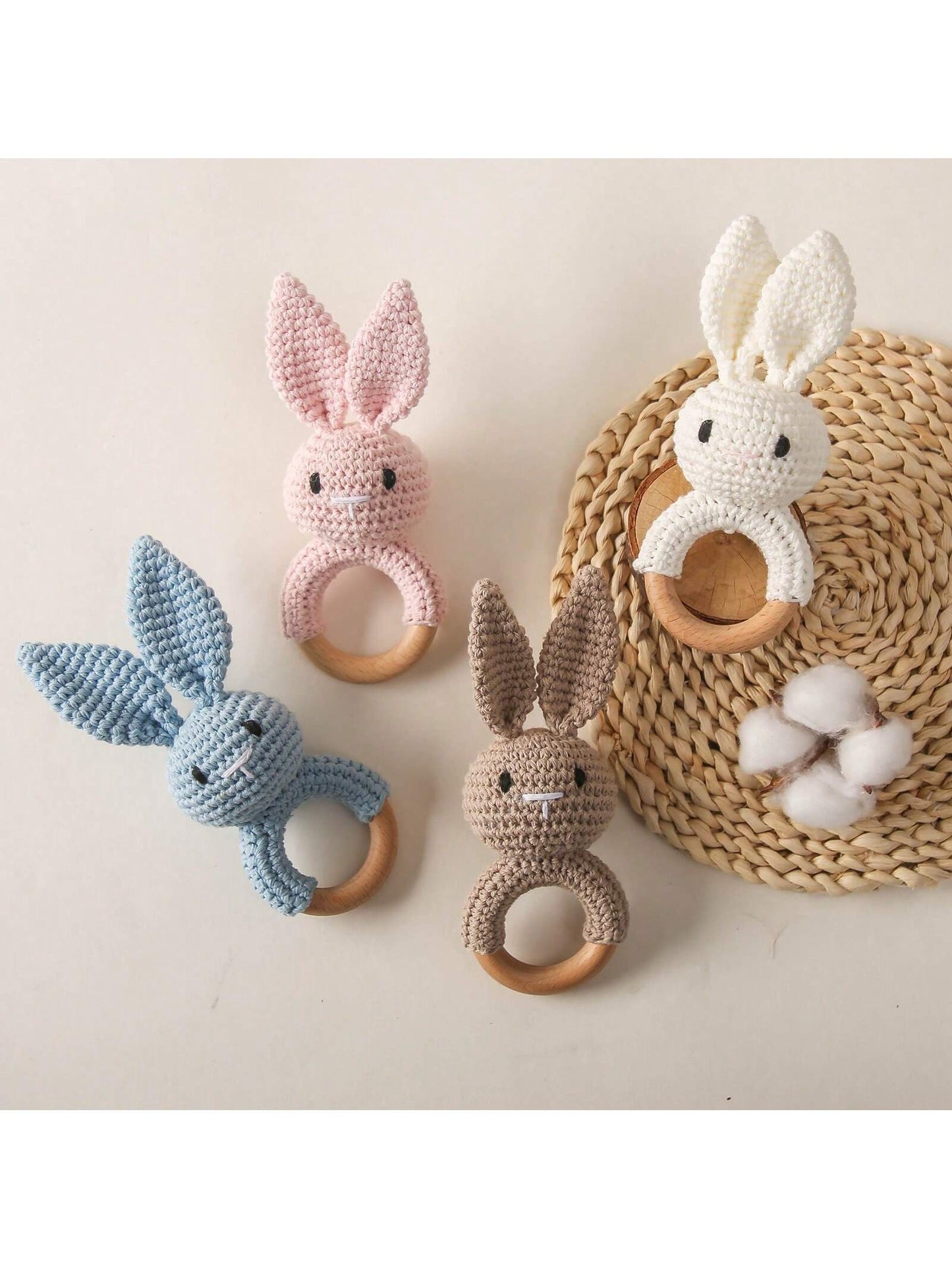 Baby Blue Crochet Pointy Ears Rabbit Beech Wood Ring Teether