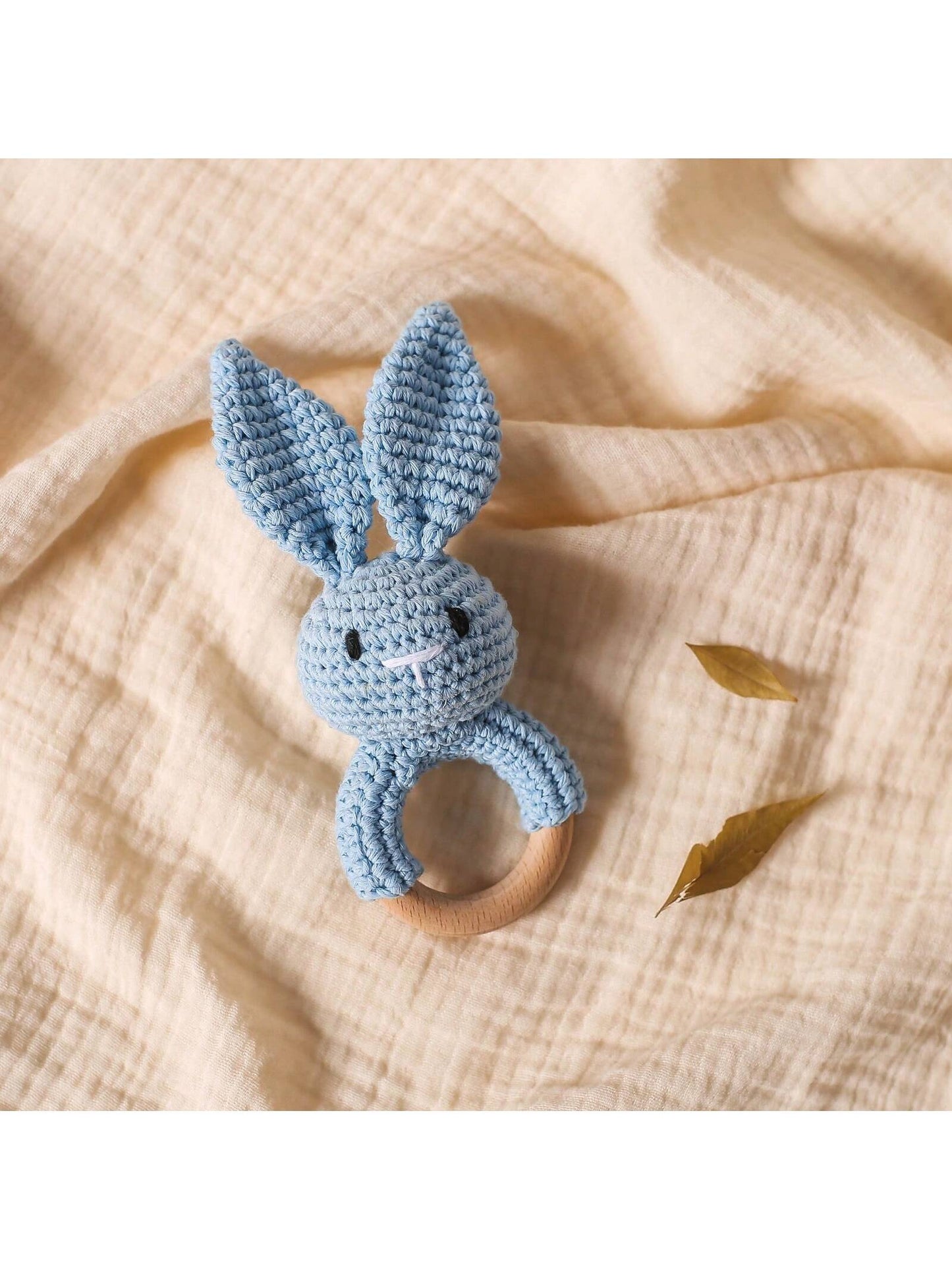 Baby Blue Crochet Pointy Ears Rabbit Beech Wood Ring Teether