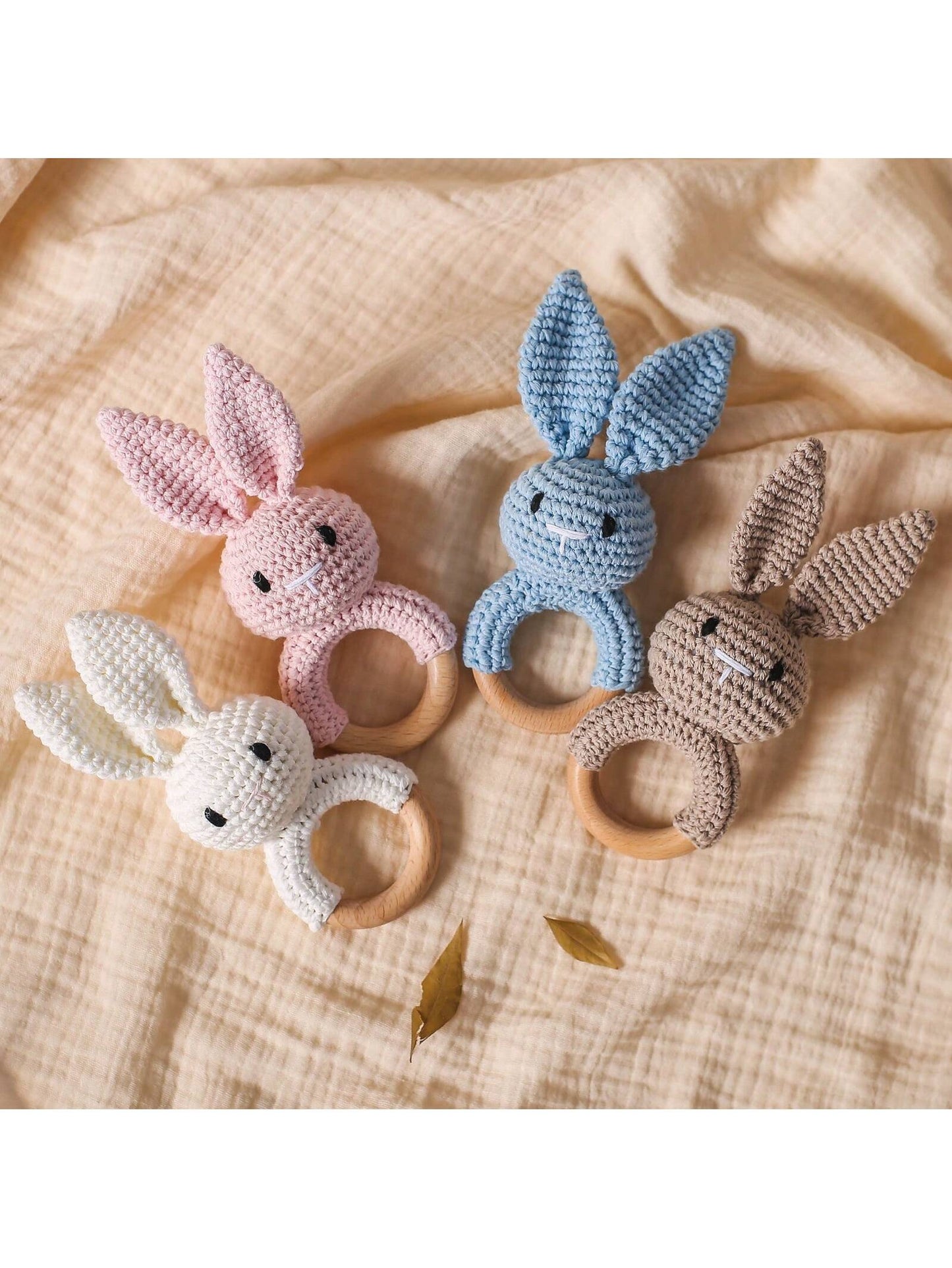 Baby Blue Crochet Pointy Ears Rabbit Beech Wood Ring Teether