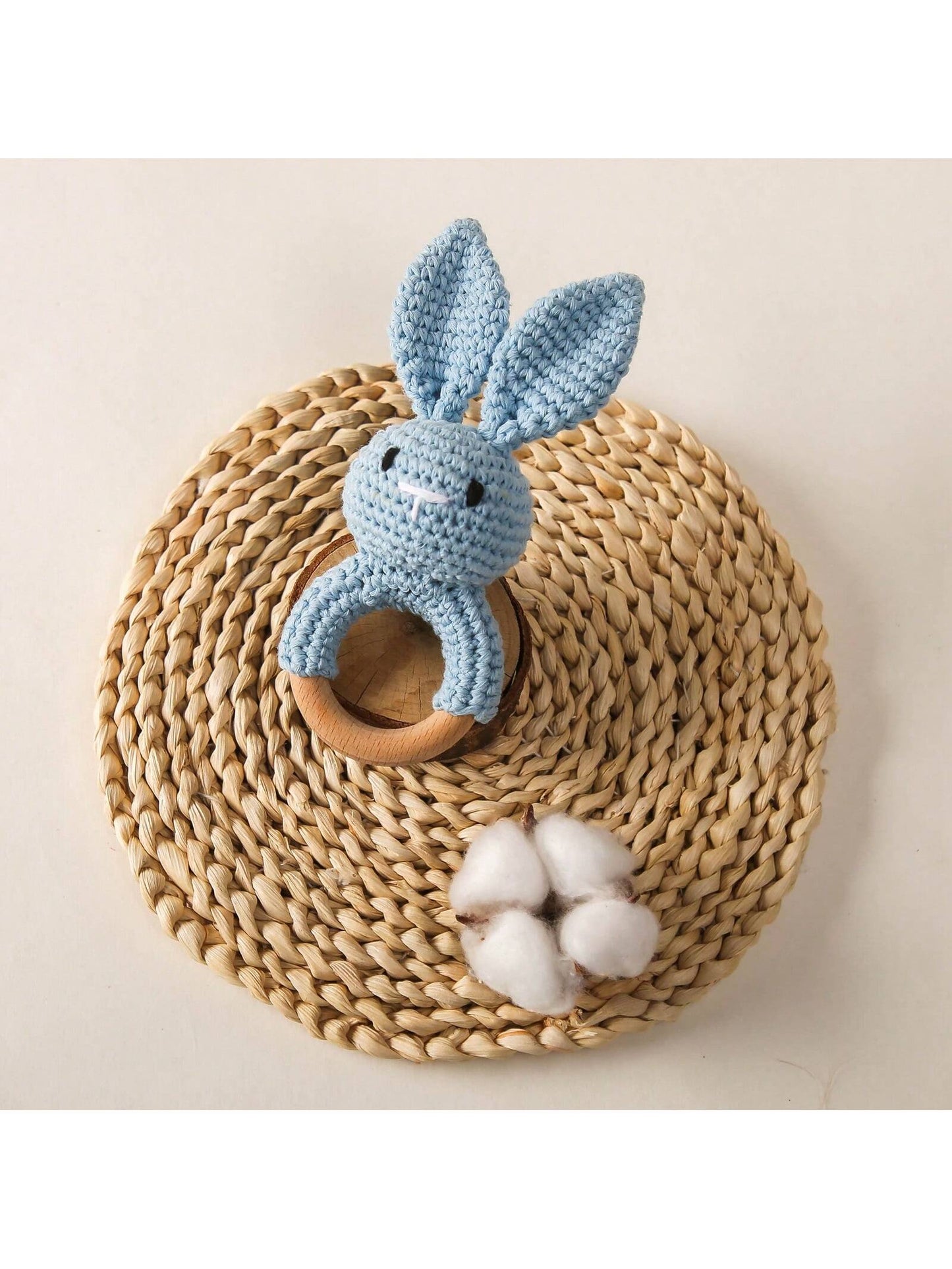 Baby Blue Crochet Pointy Ears Rabbit Beech Wood Ring Teether