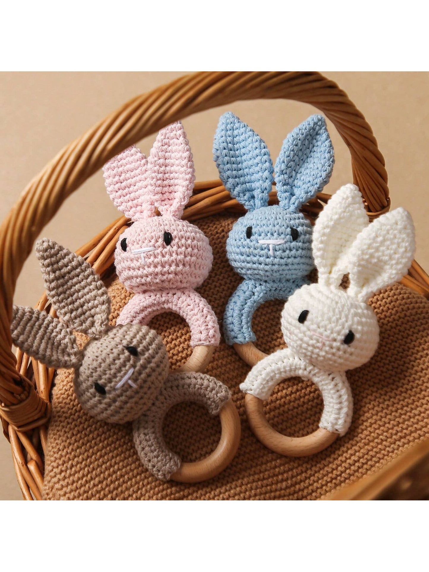 Baby Blue Crochet Pointy Ears Rabbit Beech Wood Ring Teether