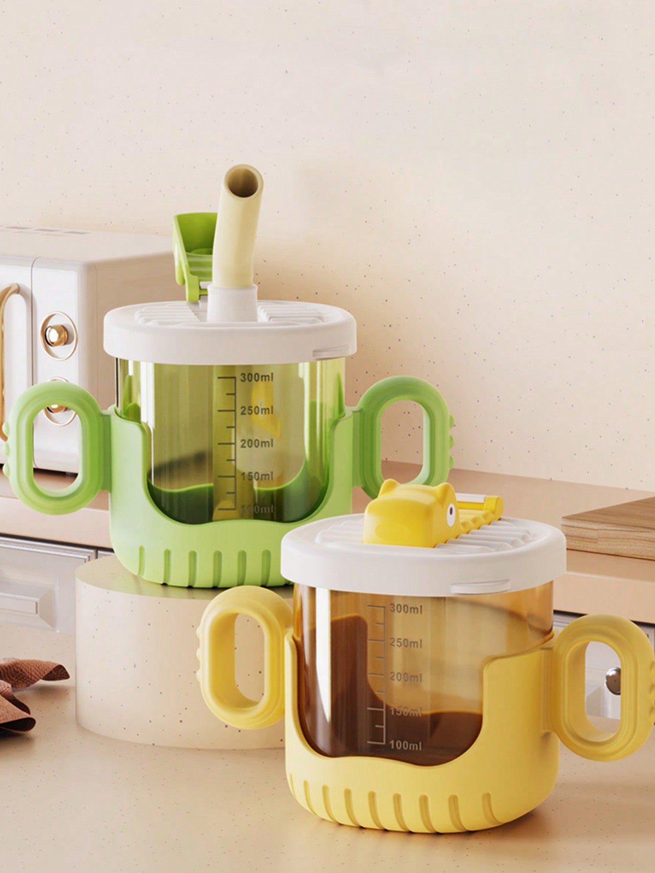 1pc Yellow Crocodile Design Baby Sippy Cup With Rounded Handle, Clear Scale And Silicone Straw