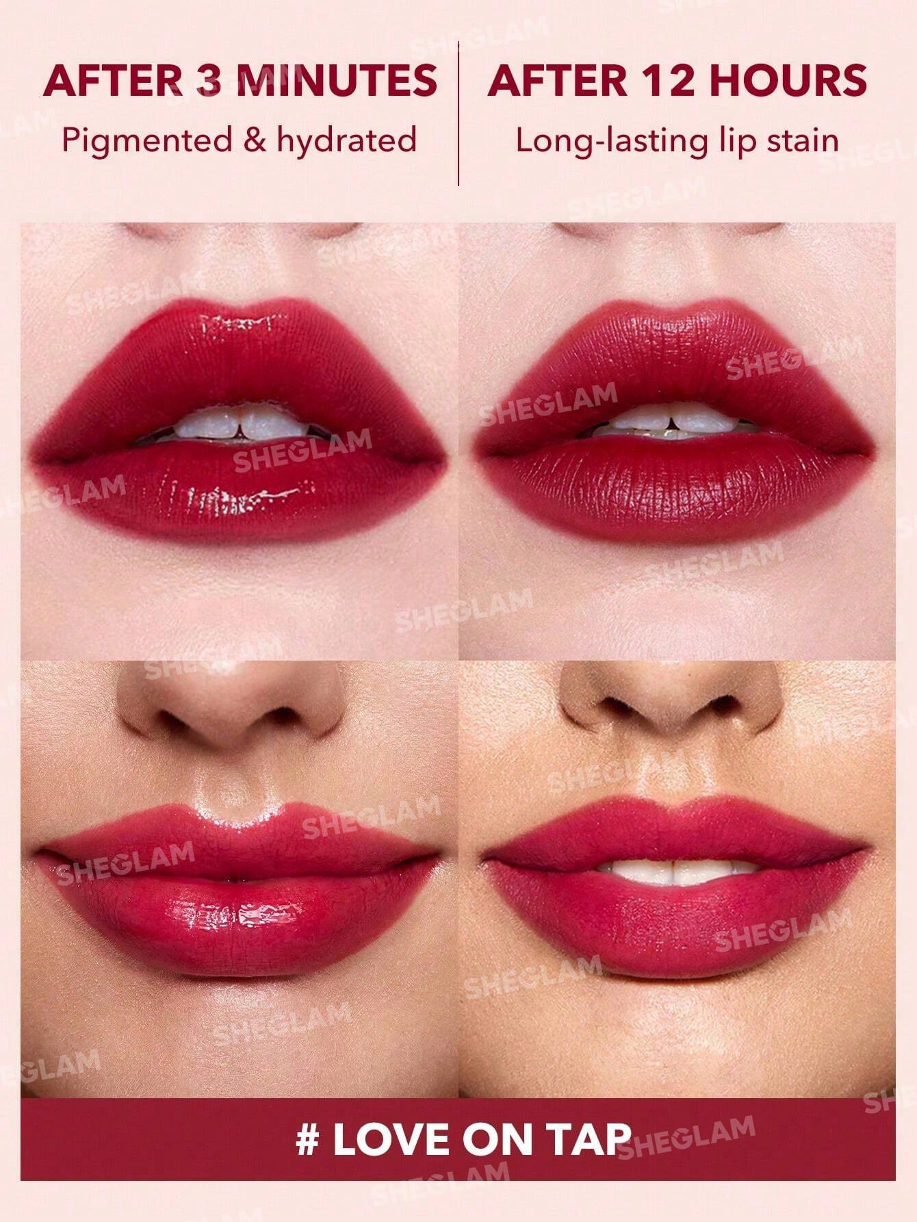 SHEGLAM Take A Hint Lip Tint-Love On Tap Color Changing Long Lasting Lip Gloss High Gloss Finish All Day Non-Sticky Moisturizing Lip Stain For Dry Lips