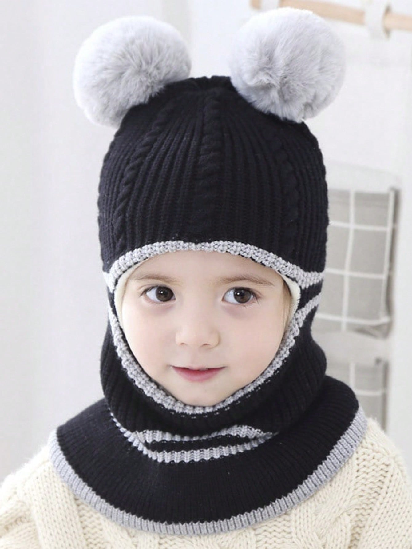 1pc Children's Winter Balaclava Hat With Dual Pom Poms, Windproof And Thermal