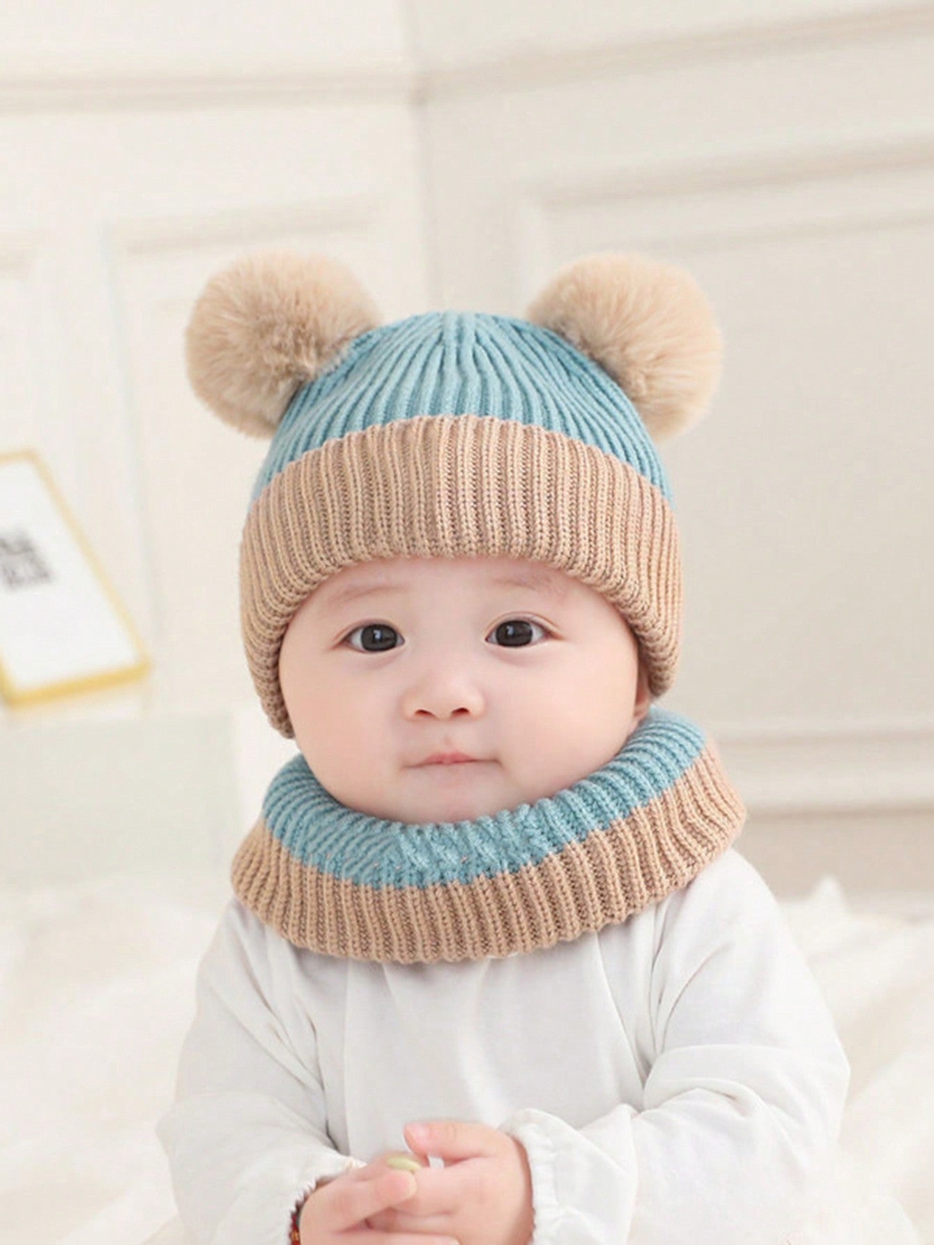 2pcs/set Infant Newborn Hat Scarf Thick Knitted Patchwork Winter Warm Set, Random Color Of Pom-pom twins