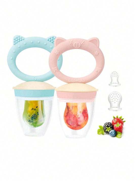 2PC Baby Fresh Fruit Food Feeder with 4 Silicone Pouches, Pacifier, Freezable Silicone Teething Toy, BPA-Free