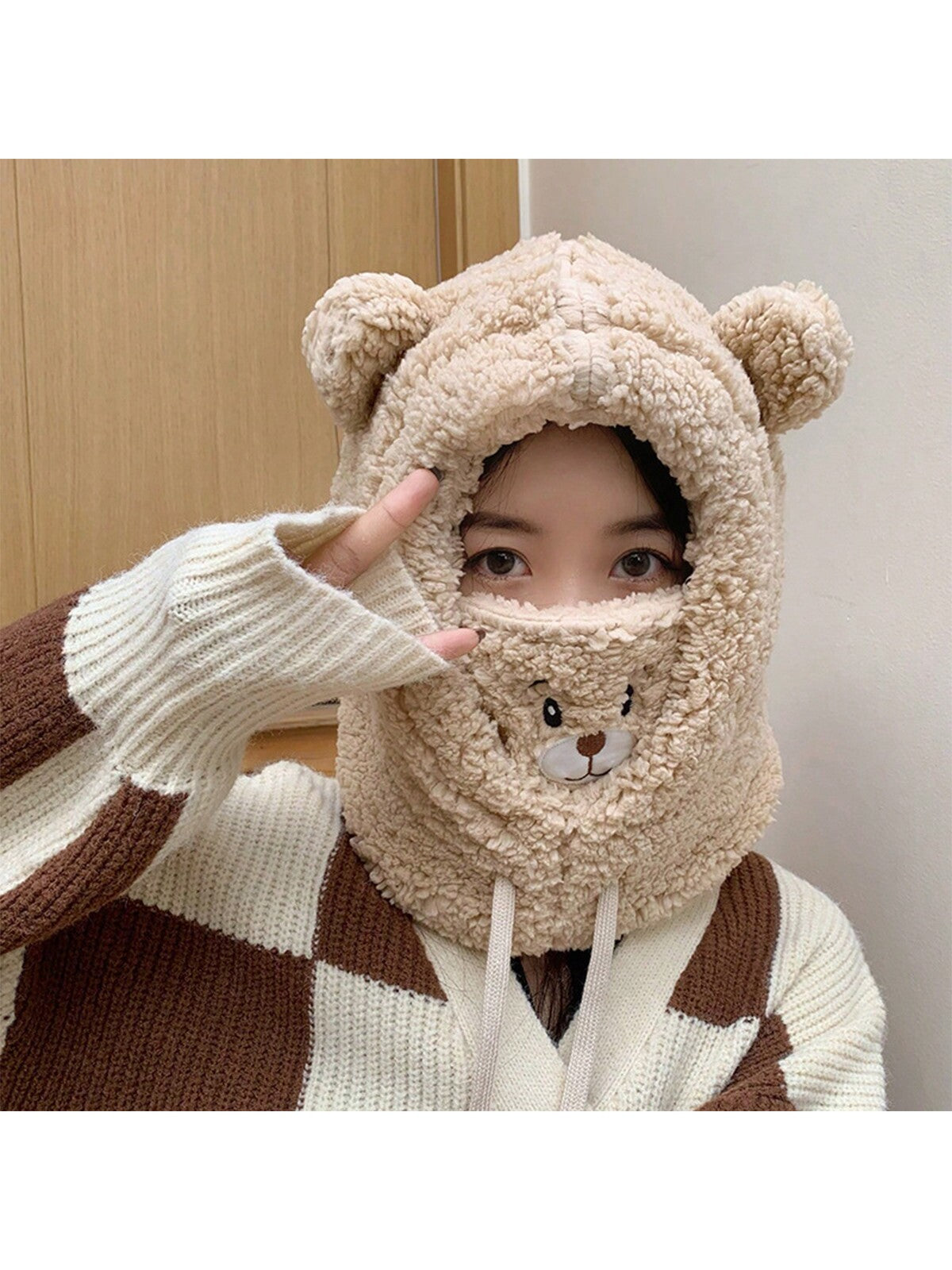 1pc Unisex Cartoon Bear Shaped Hat With Scarf And Mask Design, Thickened, Warm, Suitable For Daily Wear In Autumn And Winter twins