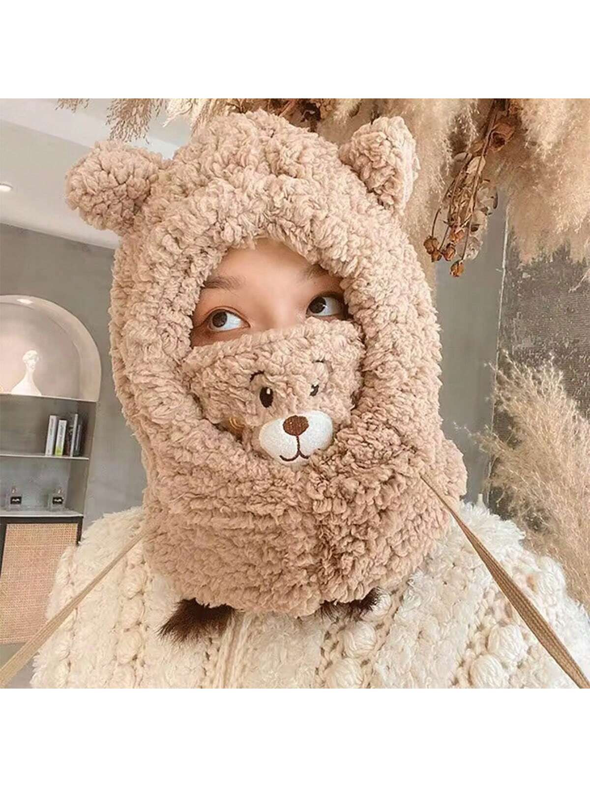 1pc Unisex Cartoon Bear Shaped Hat With Scarf And Mask Design, Thickened, Warm, Suitable For Daily Wear In Autumn And Winter twins