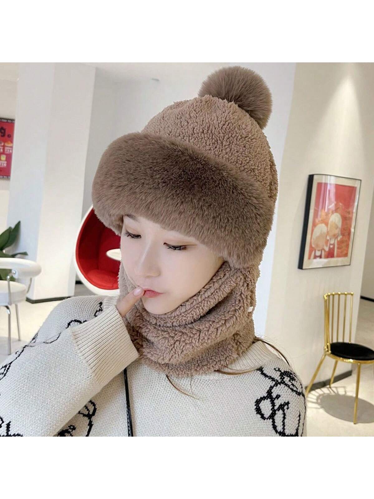 1pc Unisex Cartoon Bear Shaped Hat With Scarf And Mask Design, Thickened, Warm, Suitable For Daily Wear In Autumn And Winter twins