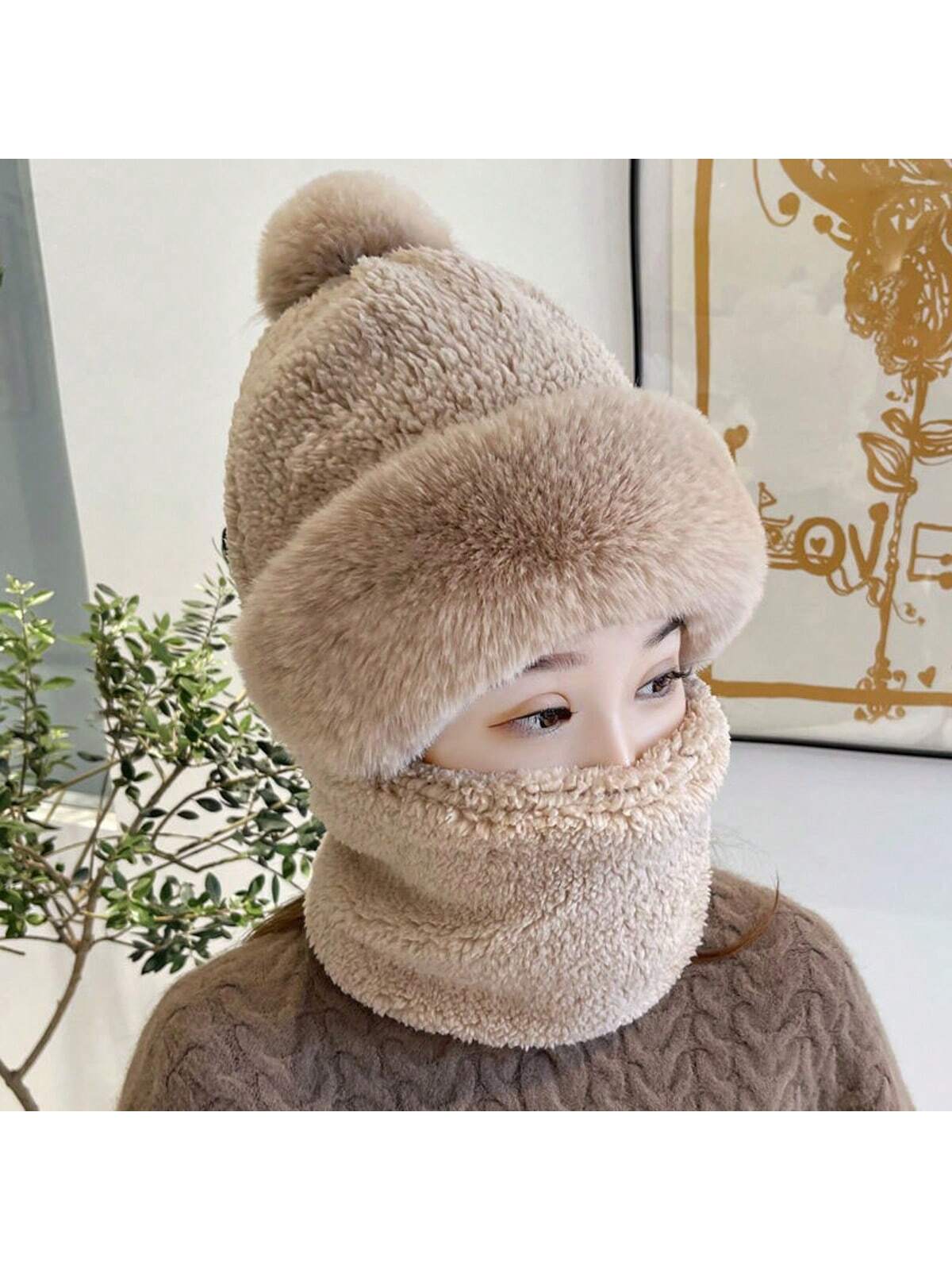 1pc Unisex Cartoon Bear Shaped Hat With Scarf And Mask Design, Thickened, Warm, Suitable For Daily Wear In Autumn And Winter twins
