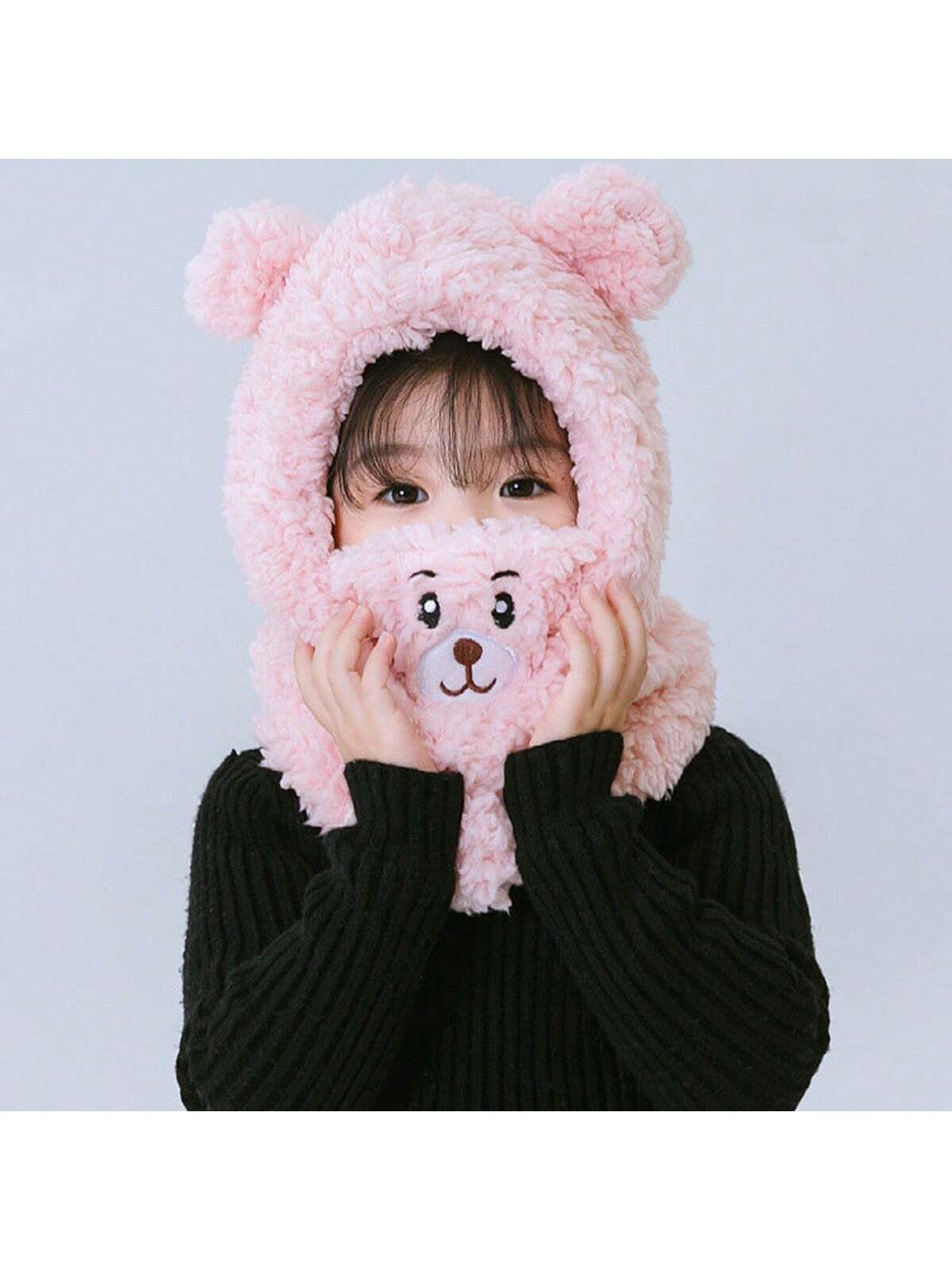 1pc Unisex Cartoon Bear Shaped Hat With Scarf And Mask Design, Thickened, Warm, Suitable For Daily Wear In Autumn And Winter twins