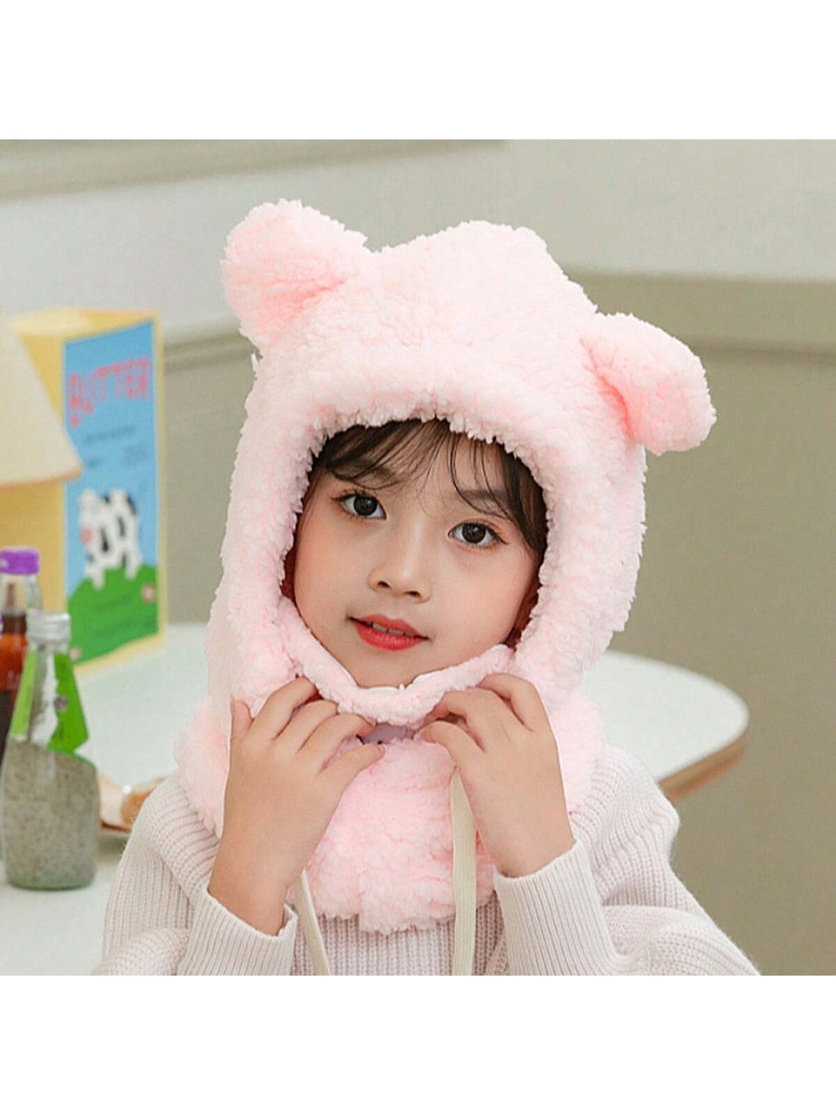 1pc Unisex Cartoon Bear Shaped Hat With Scarf And Mask Design, Thickened, Warm, Suitable For Daily Wear In Autumn And Winter twins