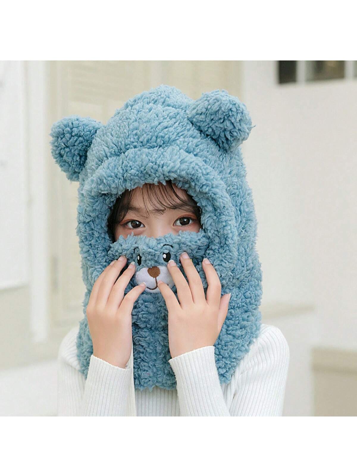 1pc Unisex Cartoon Bear Shaped Hat With Scarf And Mask Design, Thickened, Warm, Suitable For Daily Wear In Autumn And Winter twins
