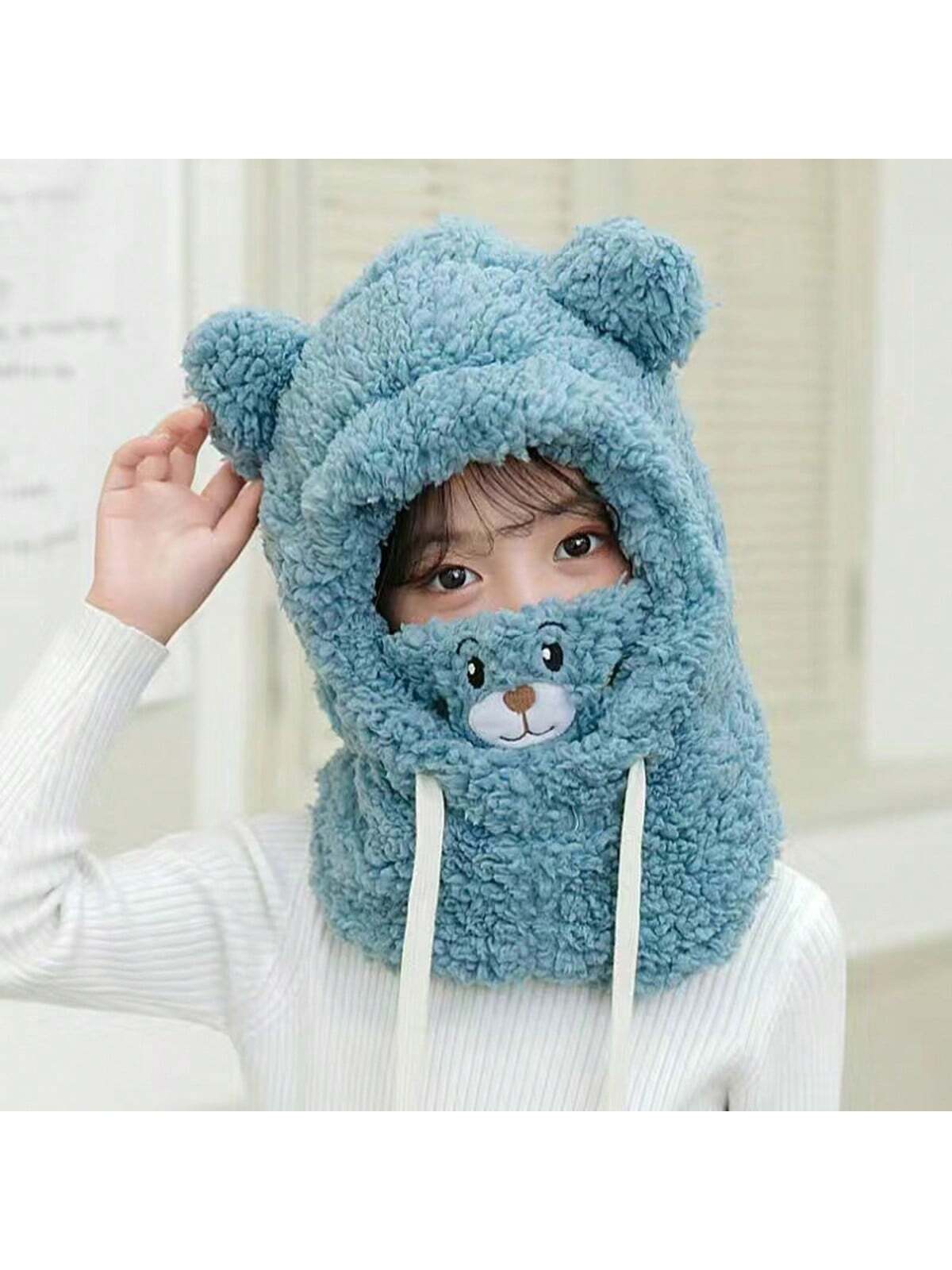 1pc Unisex Cartoon Bear Shaped Hat With Scarf And Mask Design, Thickened, Warm, Suitable For Daily Wear In Autumn And Winter twins