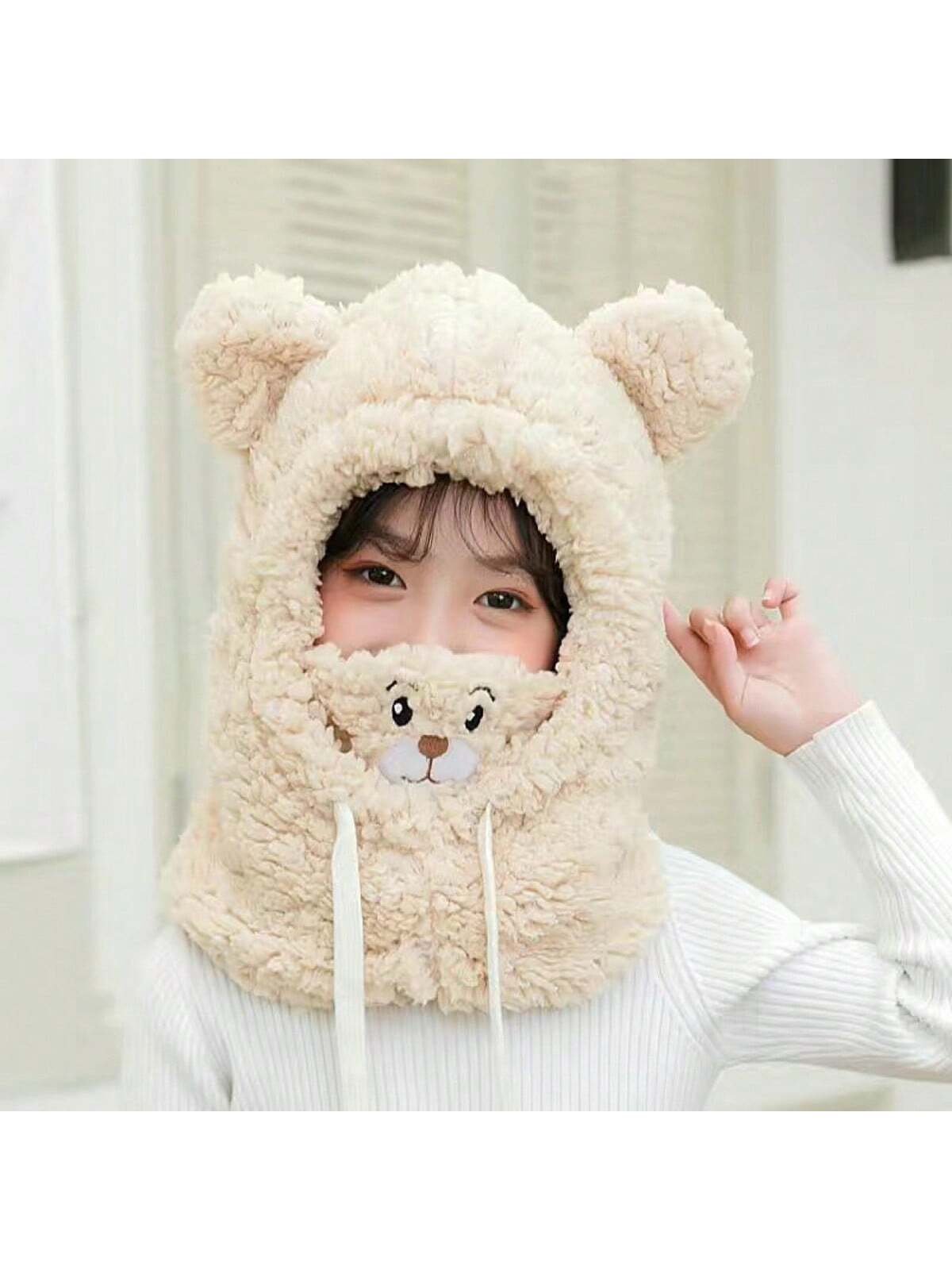 1pc Unisex Cartoon Bear Shaped Hat With Scarf And Mask Design, Thickened, Warm, Suitable For Daily Wear In Autumn And Winter twins