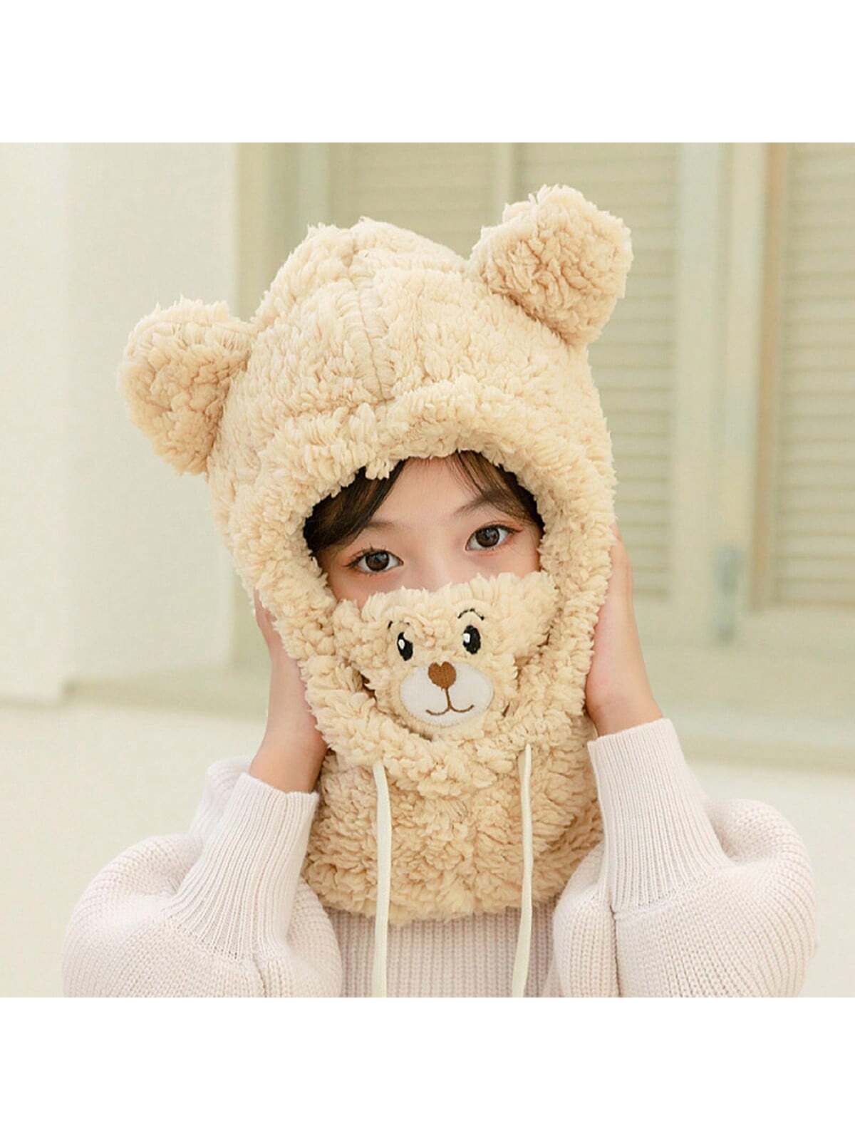 1pc Unisex Cartoon Bear Shaped Hat With Scarf And Mask Design, Thickened, Warm, Suitable For Daily Wear In Autumn And Winter twins