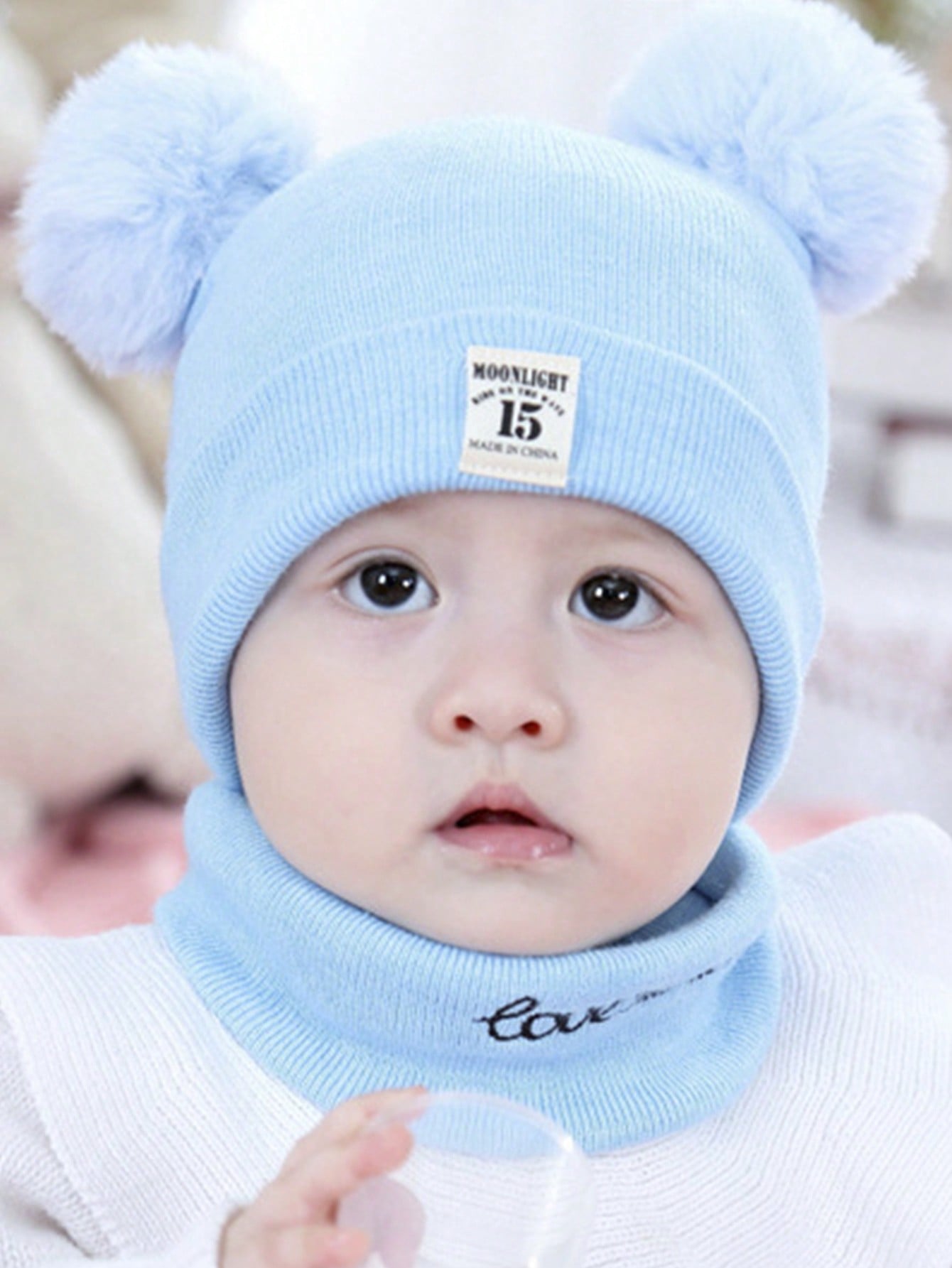 1 Set Khaki English Letter Embroidery Patchwork Beanie Hat And Scarf With Pom Pom Balls For Baby Boys And Girls