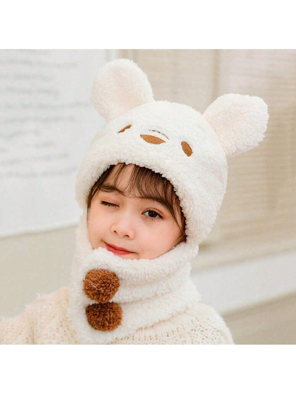 1pc Unisex Cartoon Bear Shaped Hat With Scarf And Mask Design, Thickened, Warm, Suitable For Daily Wear In Autumn And Winter twins