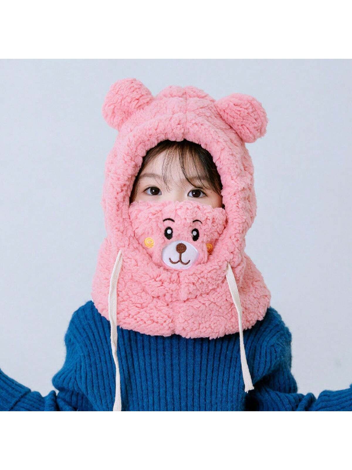 1pc Unisex Cartoon Bear Shaped Hat With Scarf And Mask Design, Thickened, Warm, Suitable For Daily Wear In Autumn And Winter twins