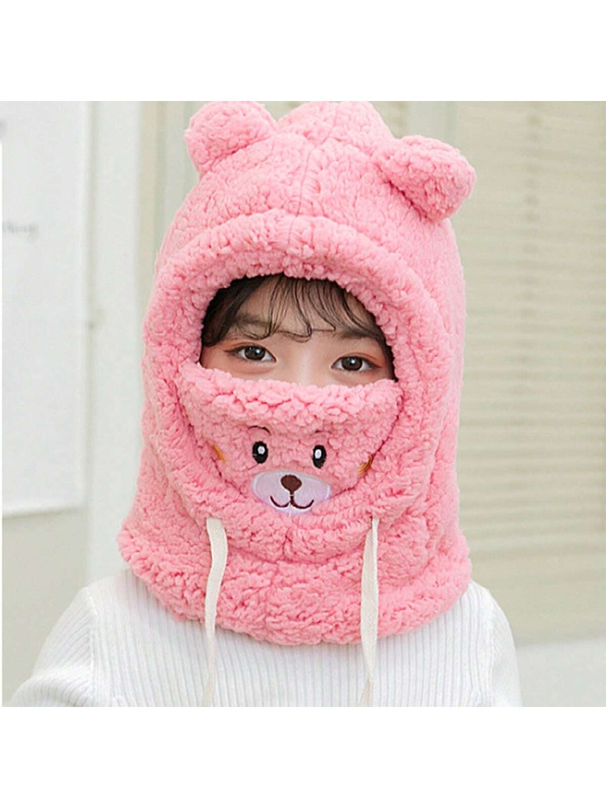1pc Unisex Cartoon Bear Shaped Hat With Scarf And Mask Design, Thickened, Warm, Suitable For Daily Wear In Autumn And Winter twins