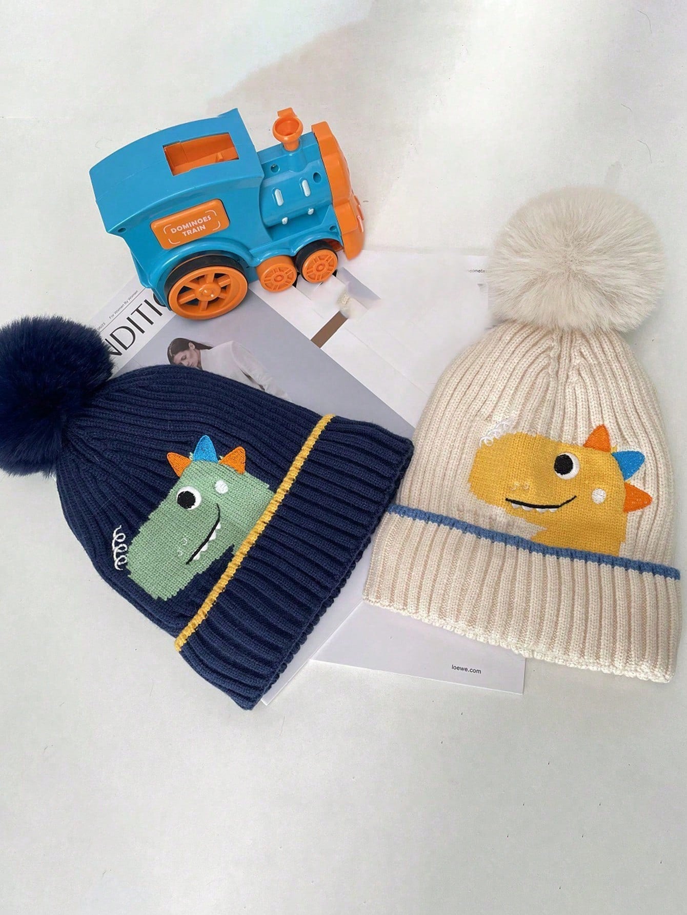 1pc Children's Dinosaur Shaped Knitted Hat With Pom-pom, Autumn Winter Korean Style twins