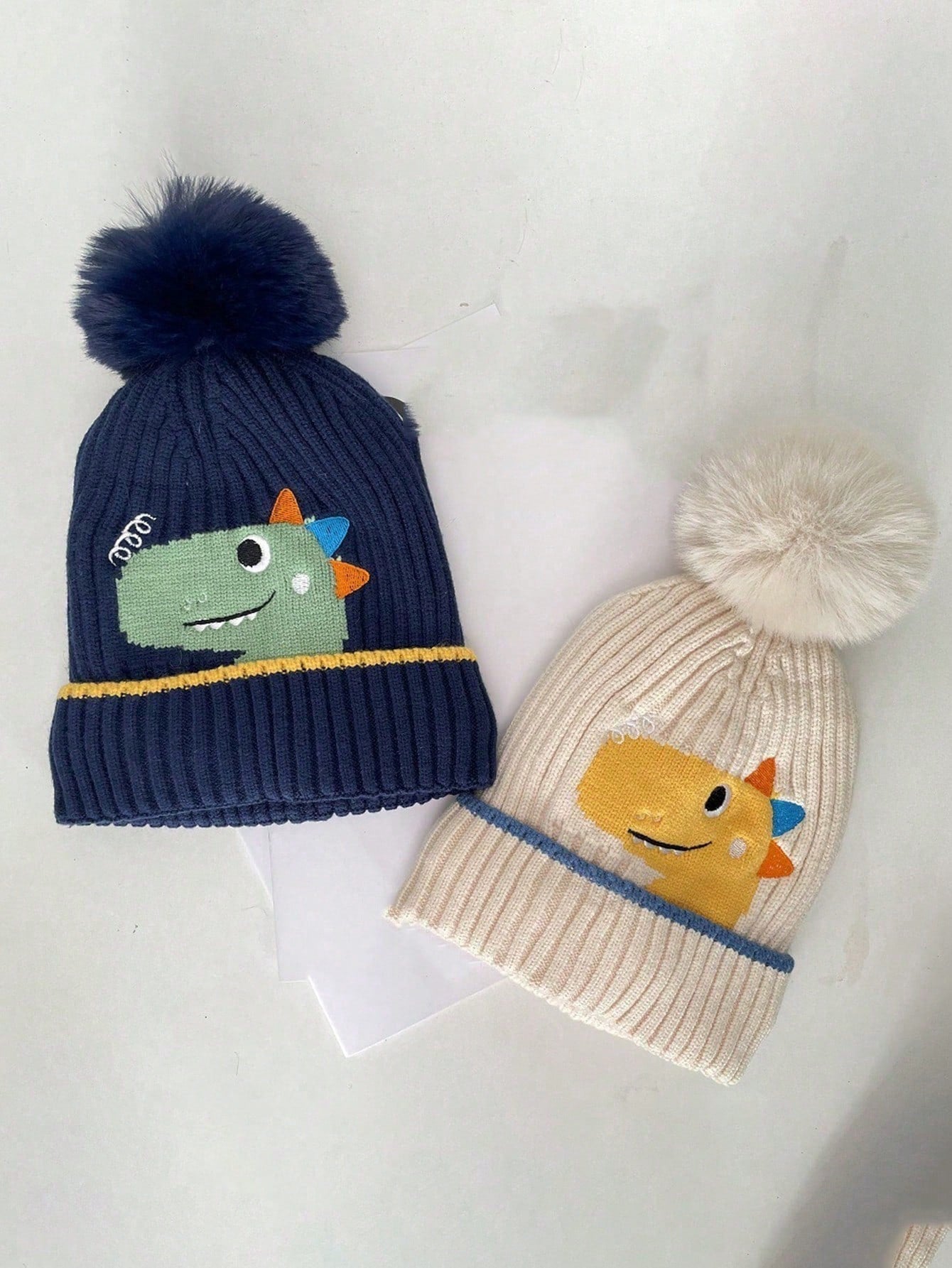 1pc Children's Dinosaur Shaped Knitted Hat With Pom-pom, Autumn Winter Korean Style twins