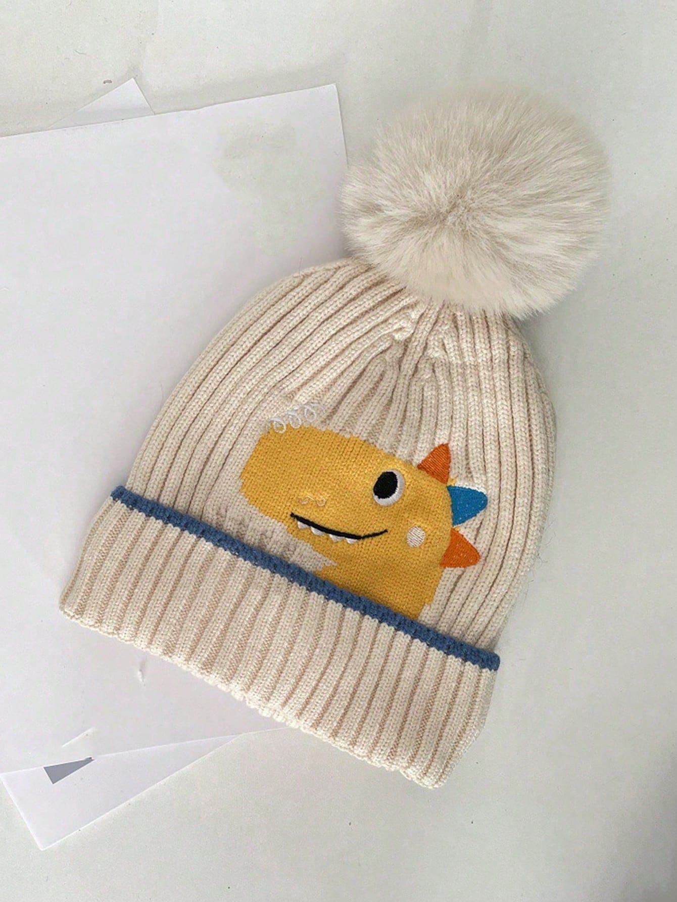 1pc Children's Dinosaur Shaped Knitted Hat With Pom-pom, Autumn Winter Korean Style twins
