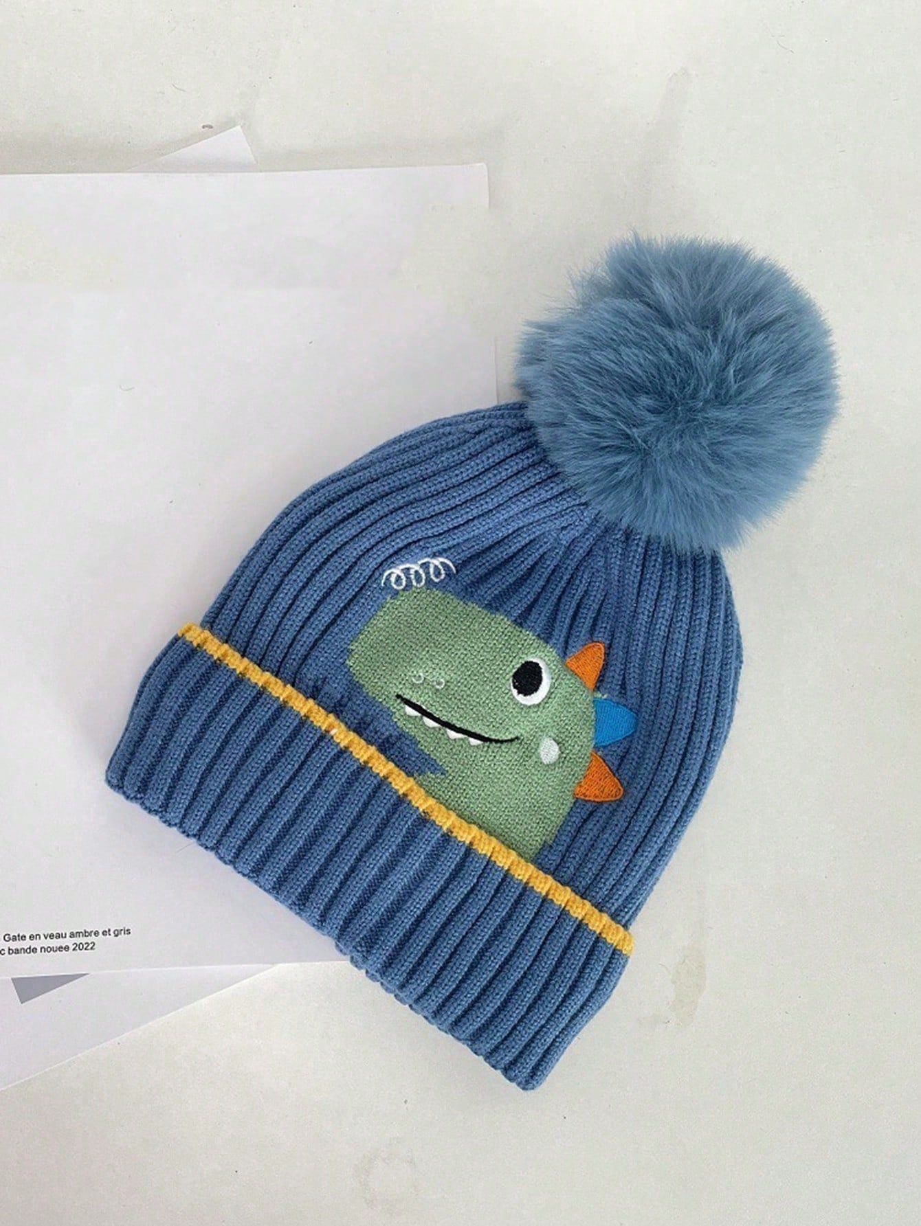 1pc Children's Dinosaur Shaped Knitted Hat With Pom-pom, Autumn Winter Korean Style twins
