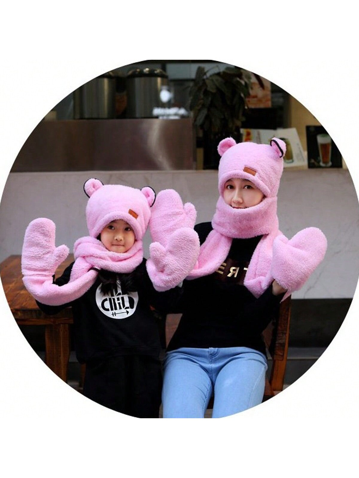 1pc Unisex Cartoon Bear Shaped Hat With Scarf And Mask Design, Thickened, Warm, Suitable For Daily Wear In Autumn And Winter twins