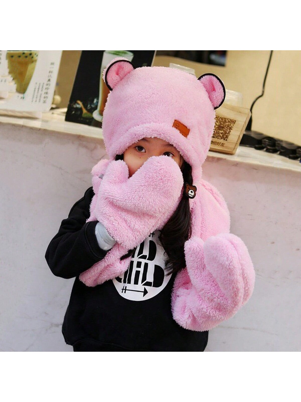 1pc Unisex Cartoon Bear Shaped Hat With Scarf And Mask Design, Thickened, Warm, Suitable For Daily Wear In Autumn And Winter twins